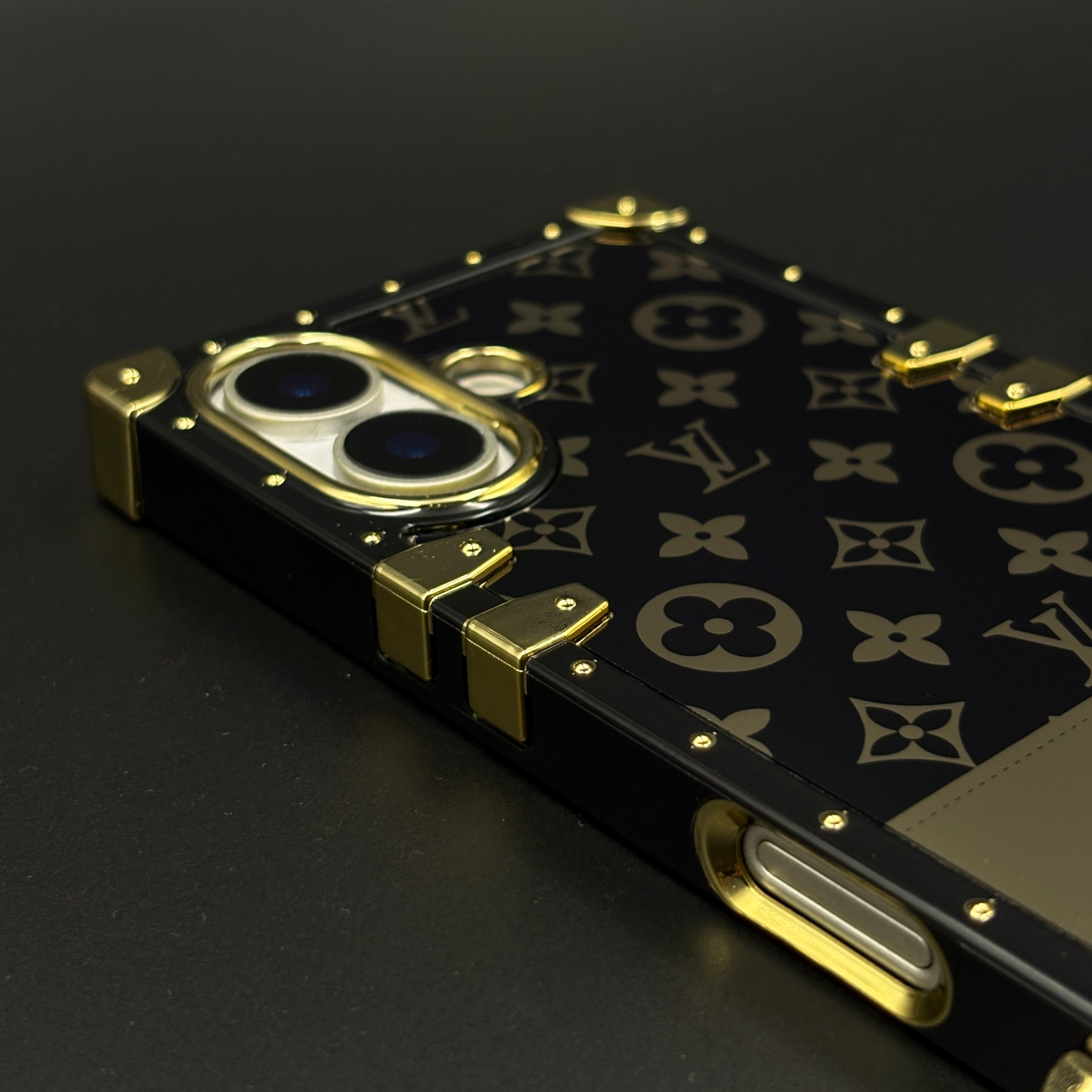 Luxury Trunk Phone Case Cover with Chain for iPhone 17 | Designer Metal Frame | Gold Monogram