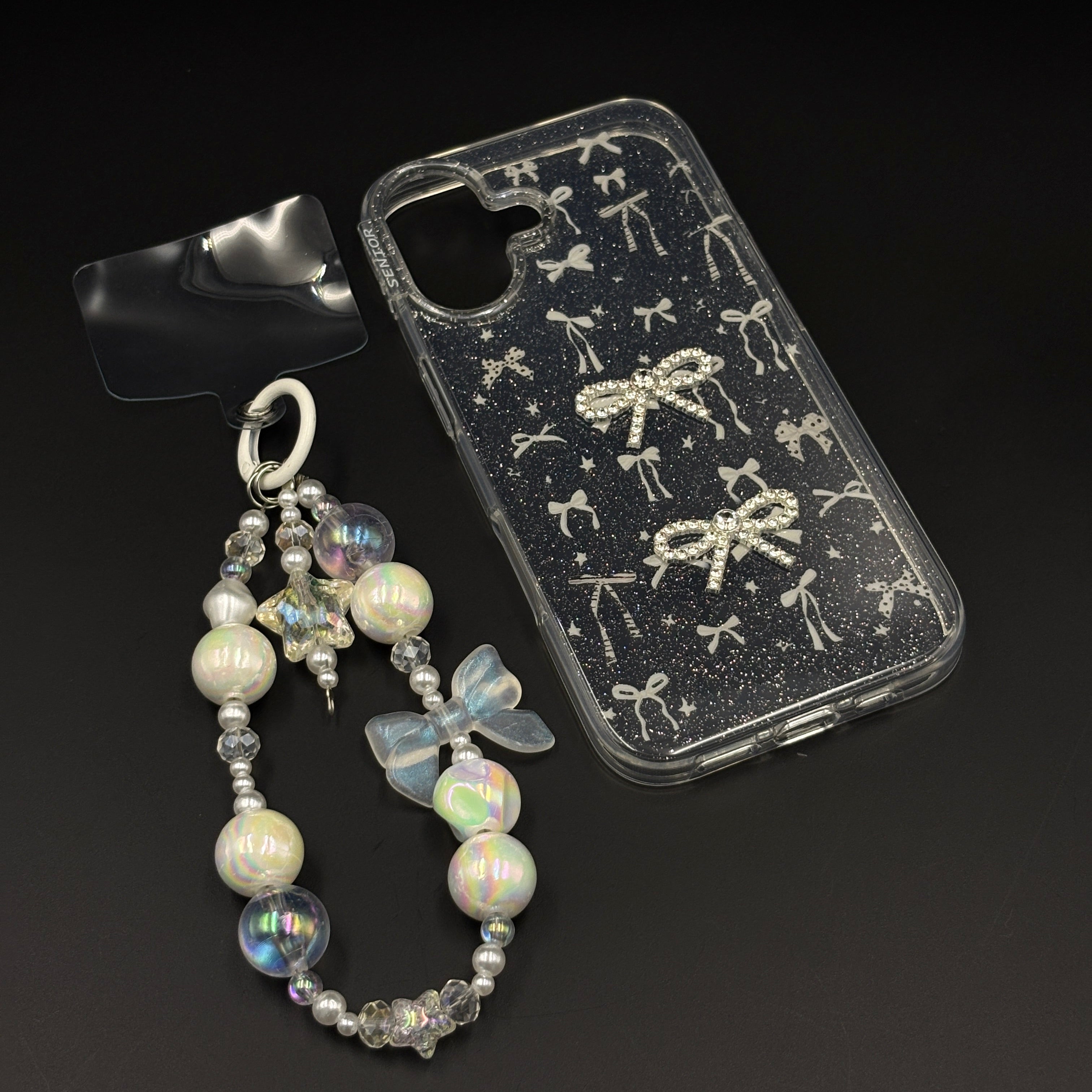 Silver Bow Sparkle Glitter Mobile Case Cover with Pearl Strap Holder for iPhone 17