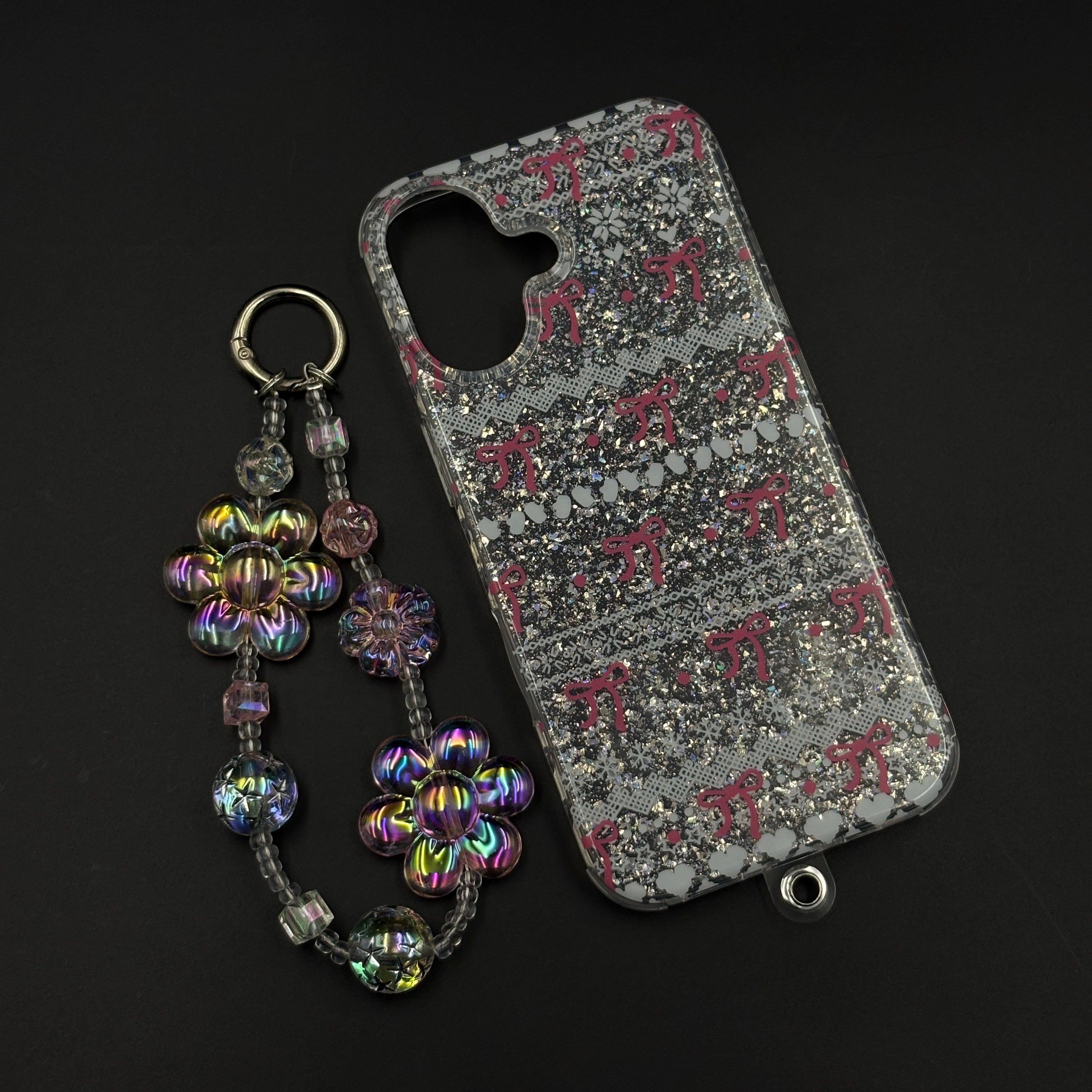 Cherry Bow Glitter Sparkle Mobile Case Cover with Pearl Strap Holder for iPhone 17