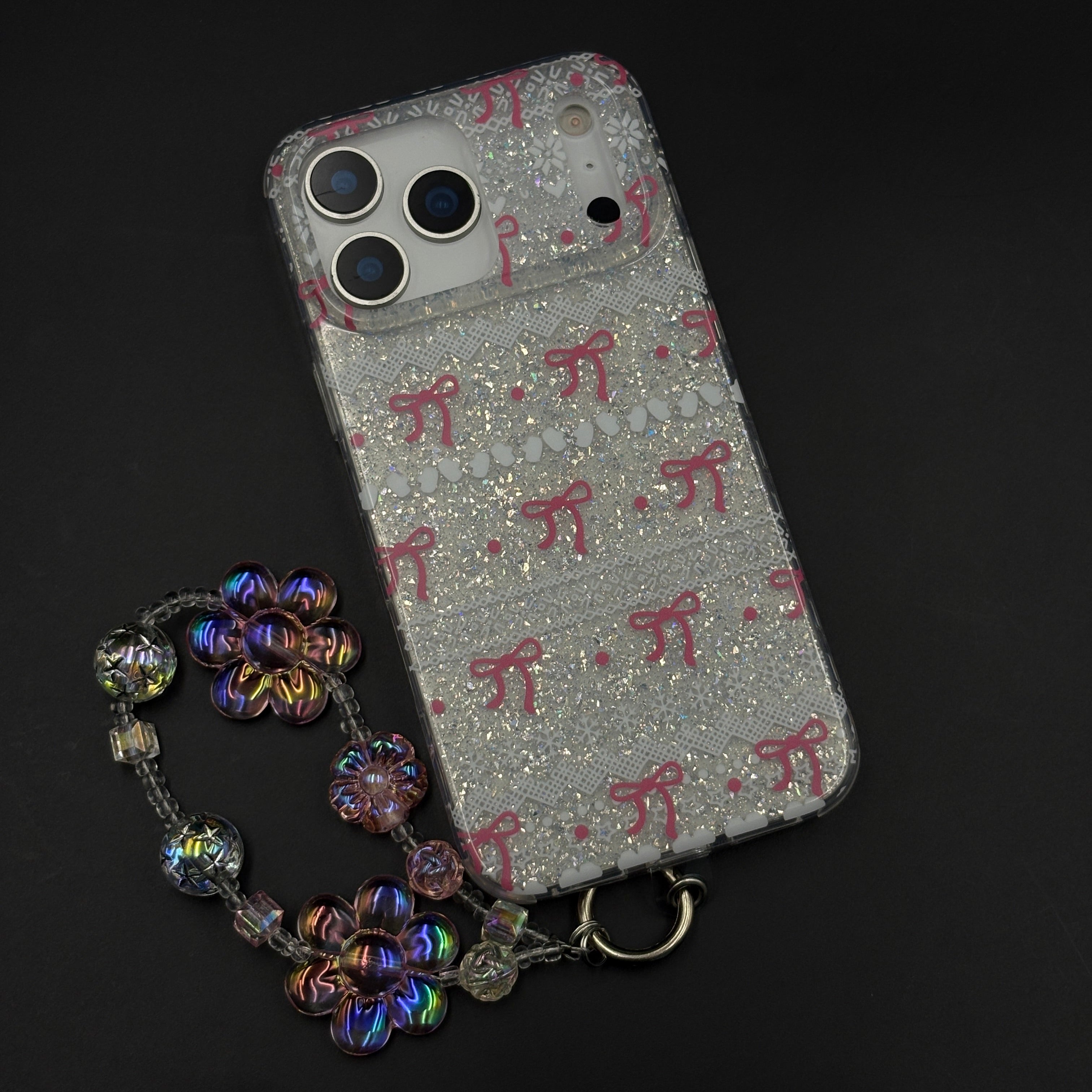Cherry Bow Glitter Sparkle Mobile Case Cover with Pearl Strap Holder for iPhone 17 Series