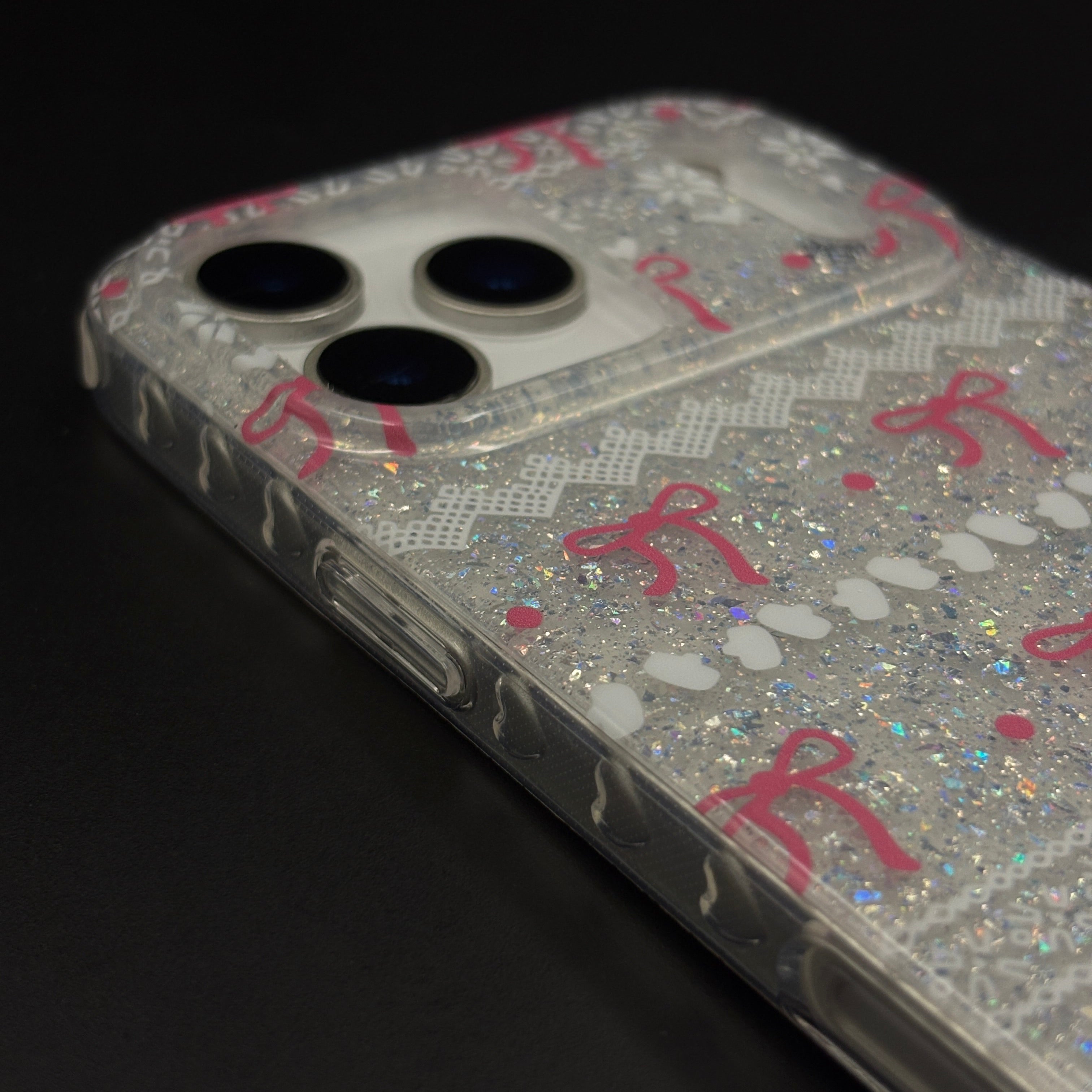 Cherry Bow Glitter Sparkle Mobile Case Cover with Pearl Strap Holder for iPhone 17 Series