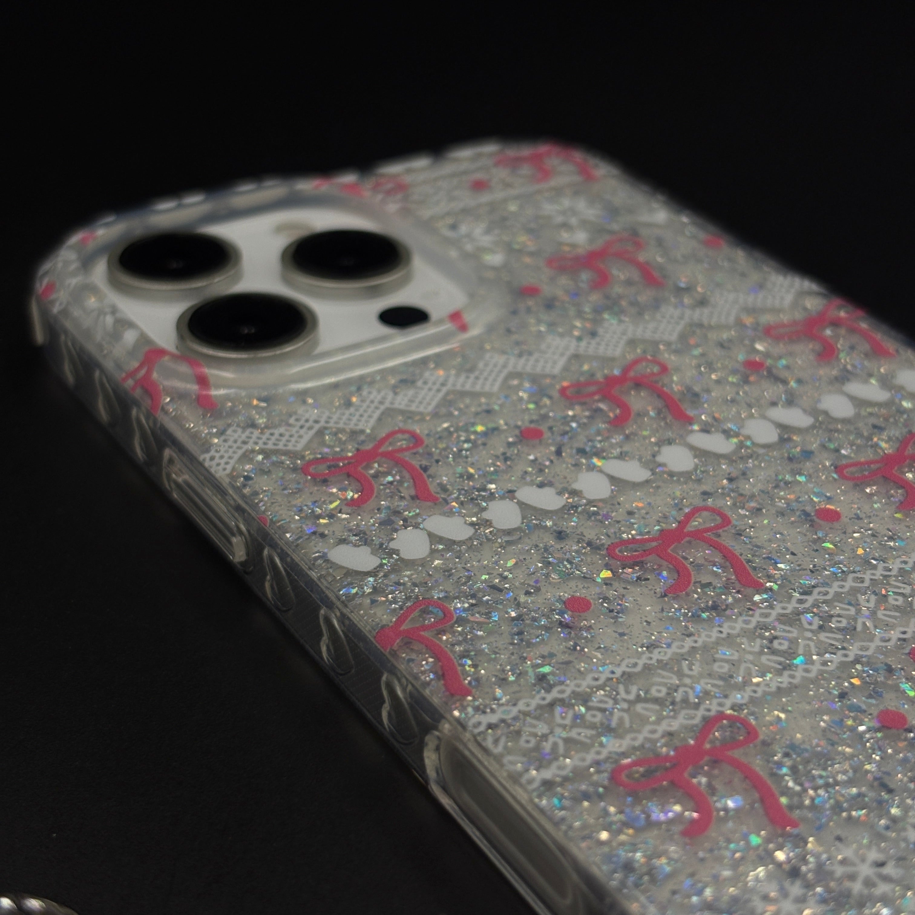 Cherry Bow Glitter Sparkle Mobile Case Cover with Pearl Strap Holder for iPhone