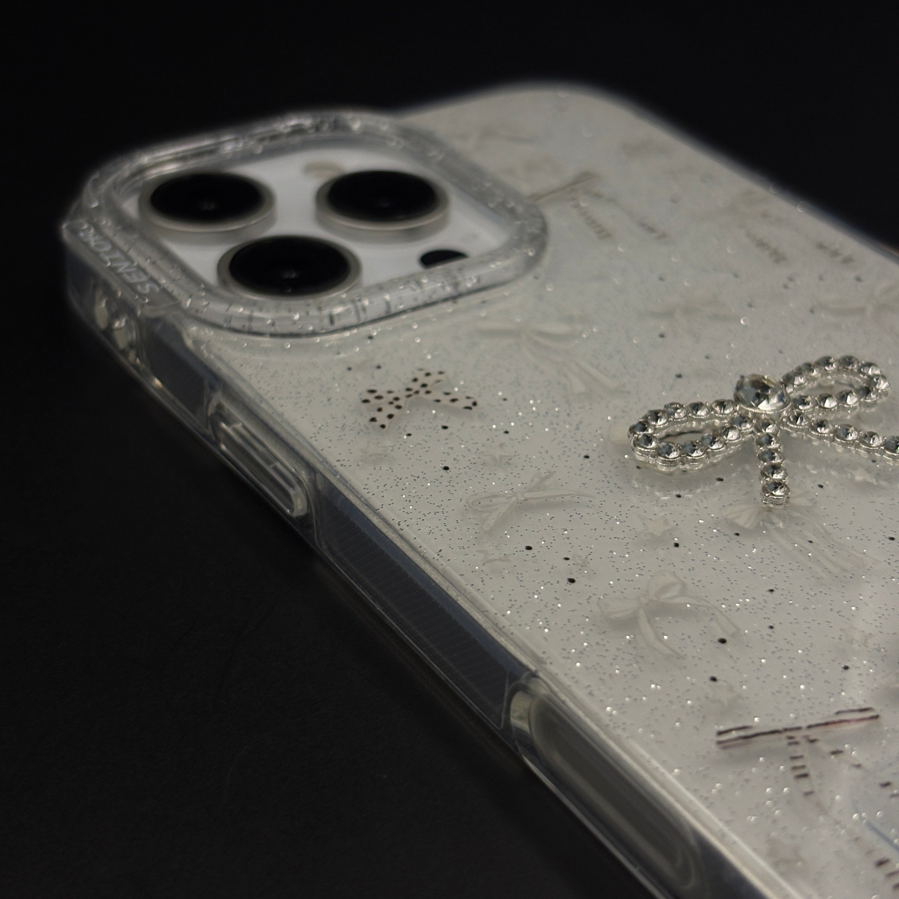 Silver Bow Sparkle Glitter Mobile Case Cover with Pearl Strap Holder for iPhone