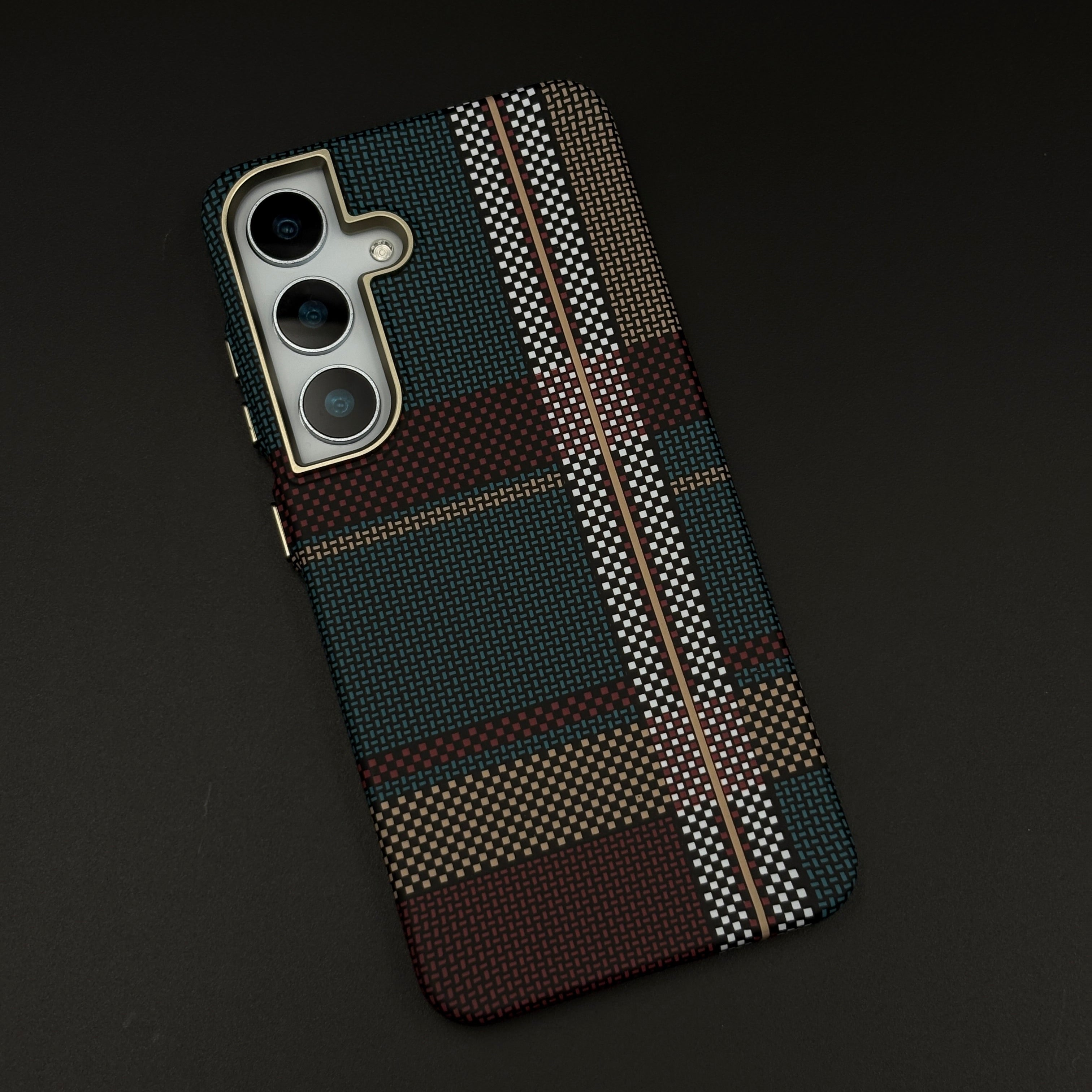 Teal Burgundy Plaid Aramid Phone Case for Galaxy S24 | S25 | Carbon Fibre Texture | Hidden MagSafe