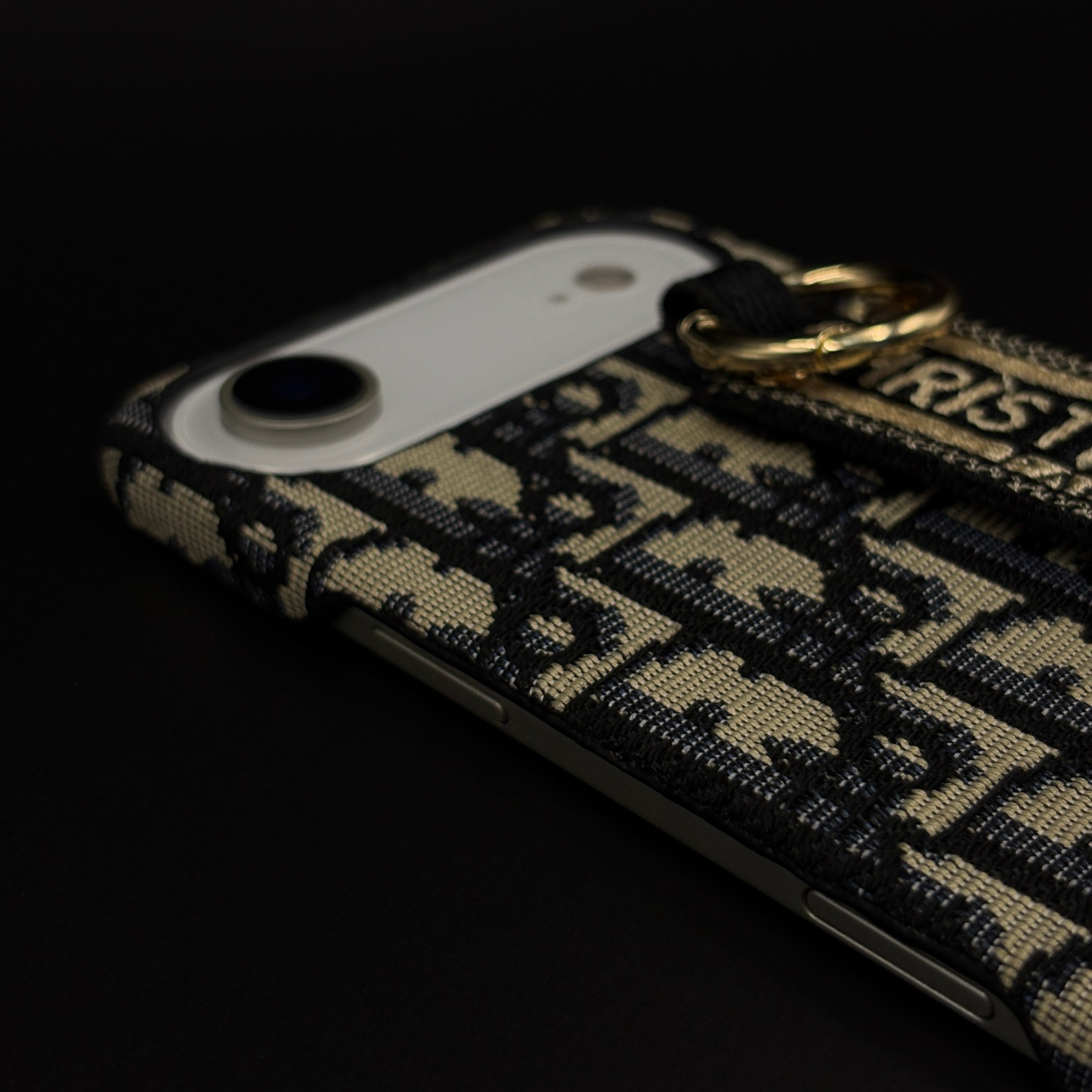 CD Embroidered Belt Strap Case for iPhone 17 Air | Designer Fabric Holder