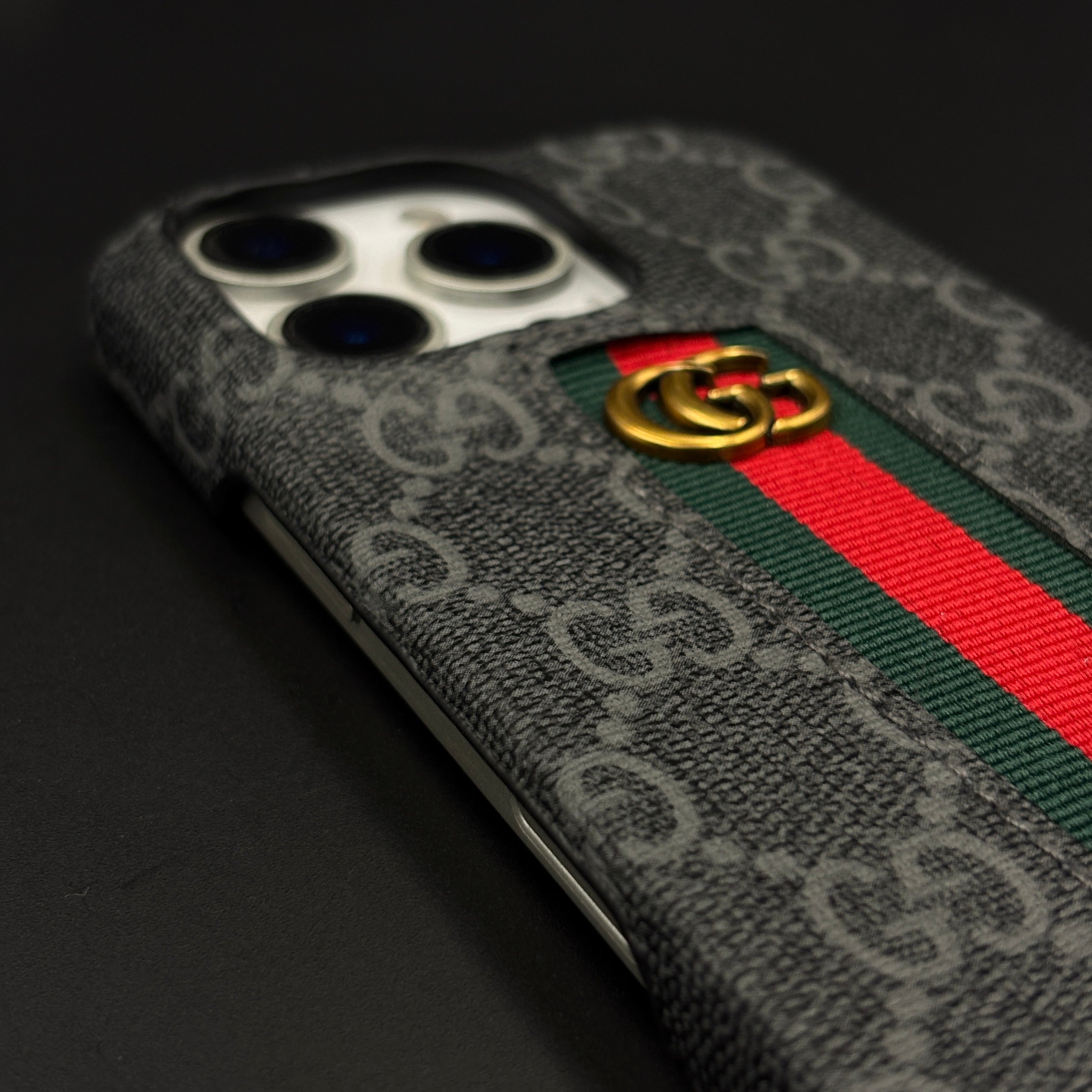 GG Embossed Stripe Black Case for iPhone | Classic Monogram Premium Designer Cover