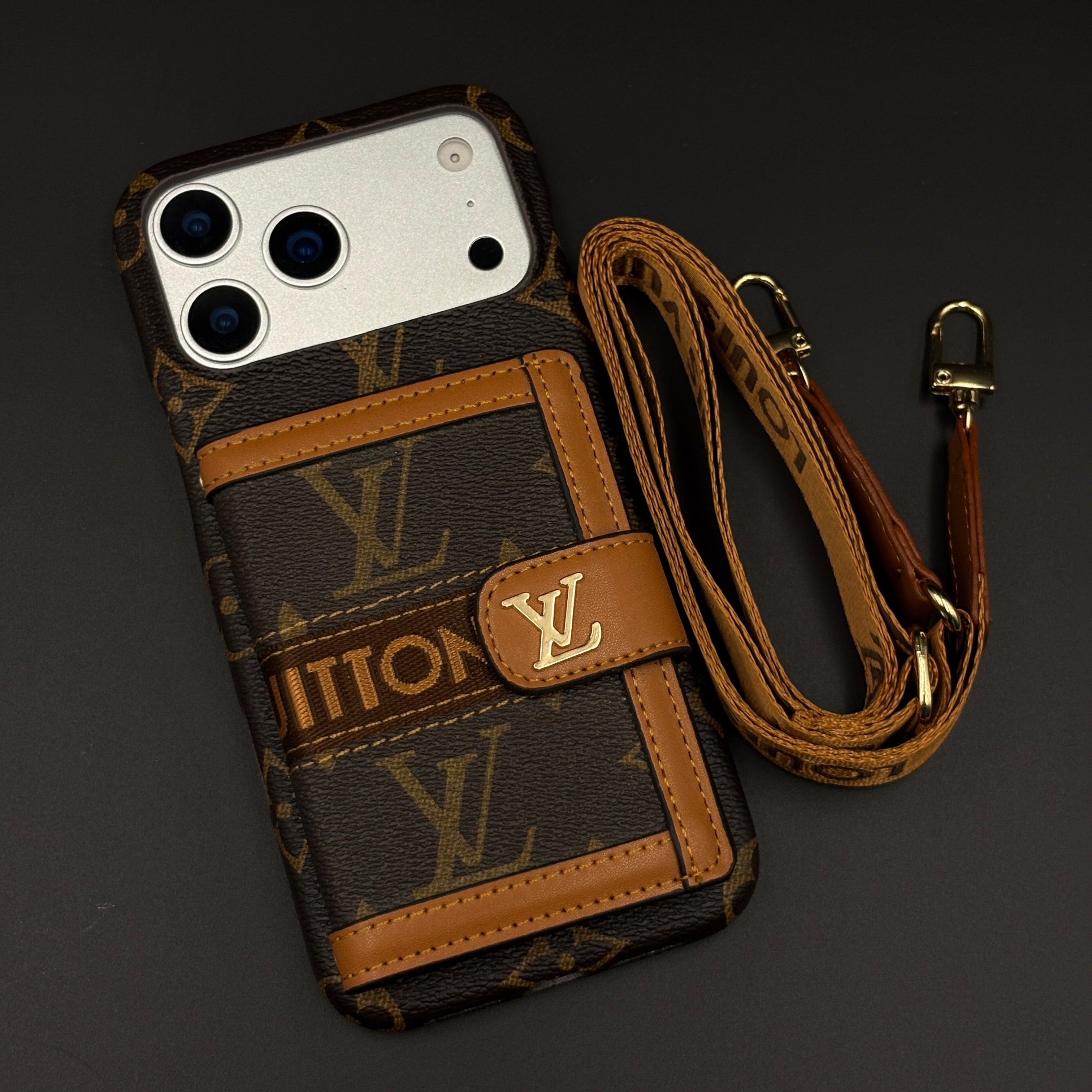 Luxury Monogram Cardholder Wallet Case with Crossbody Sling for iPhone 17 Series | Designer Brown Edition
