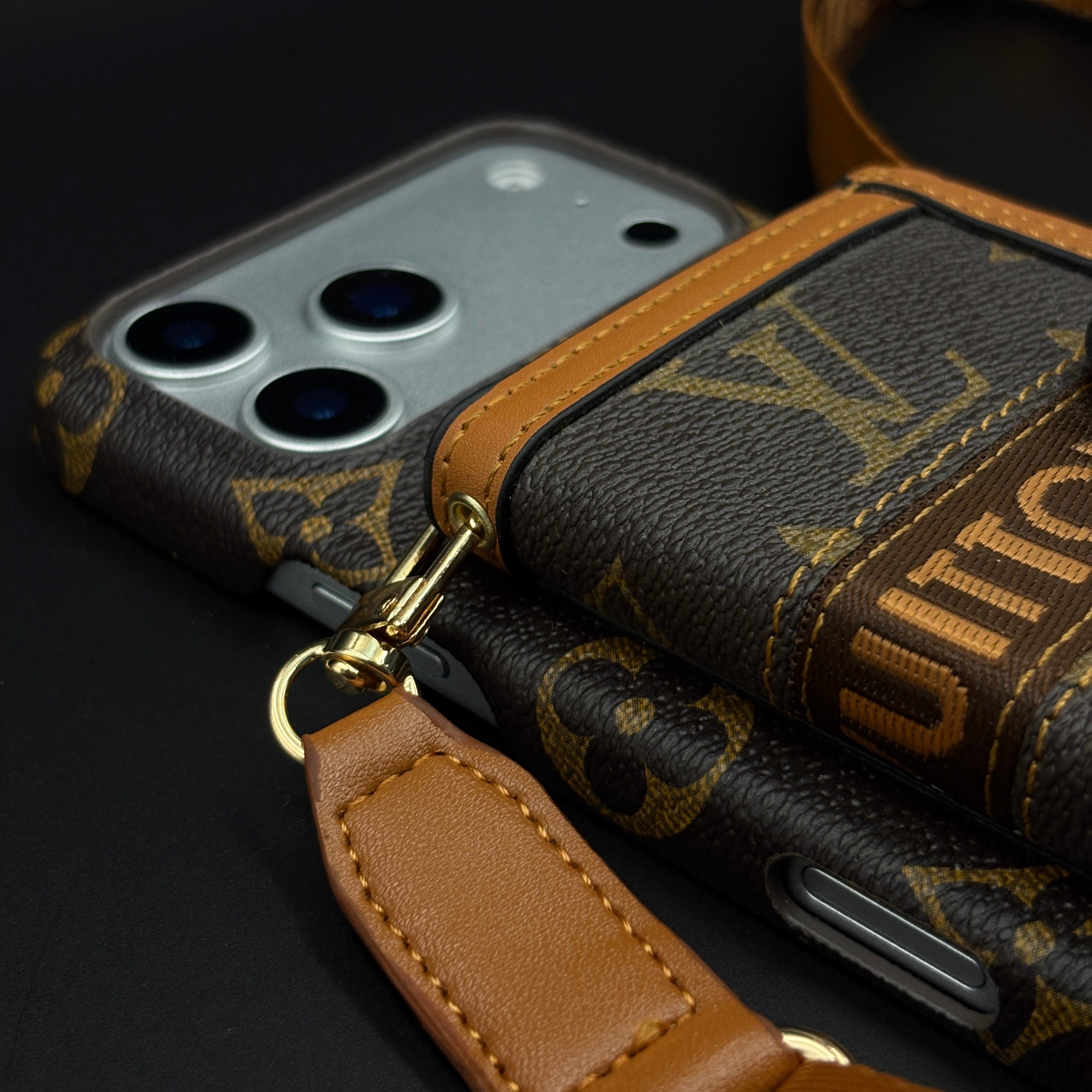 Luxury Monogram Cardholder Wallet Case with Crossbody Sling for iPhone 17 Series | Designer Brown Edition