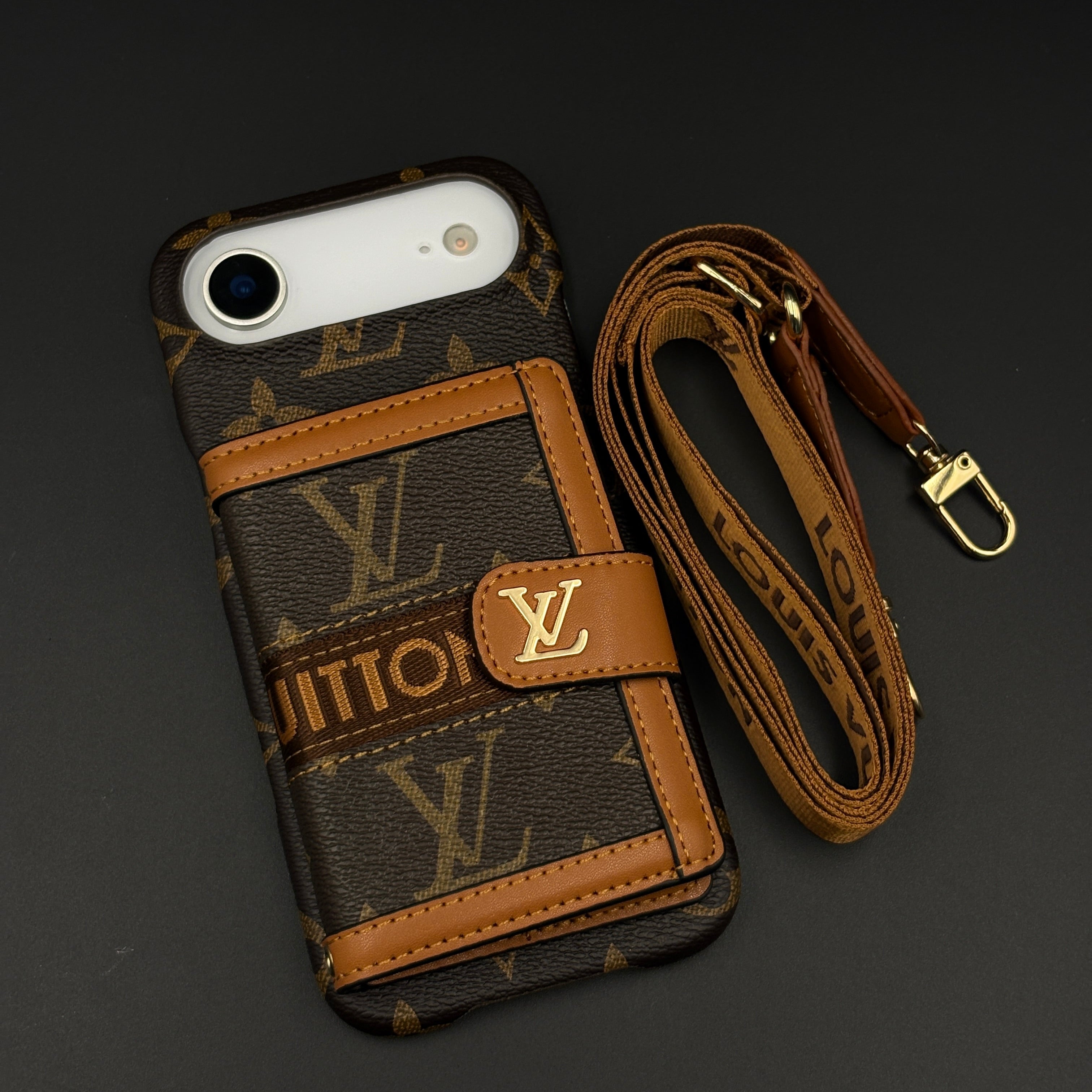 Luxury Monogram Cardholder Wallet Case with Crossbody Sling and Camera Protection for iPhone 17 Air | Designer Brown Edition