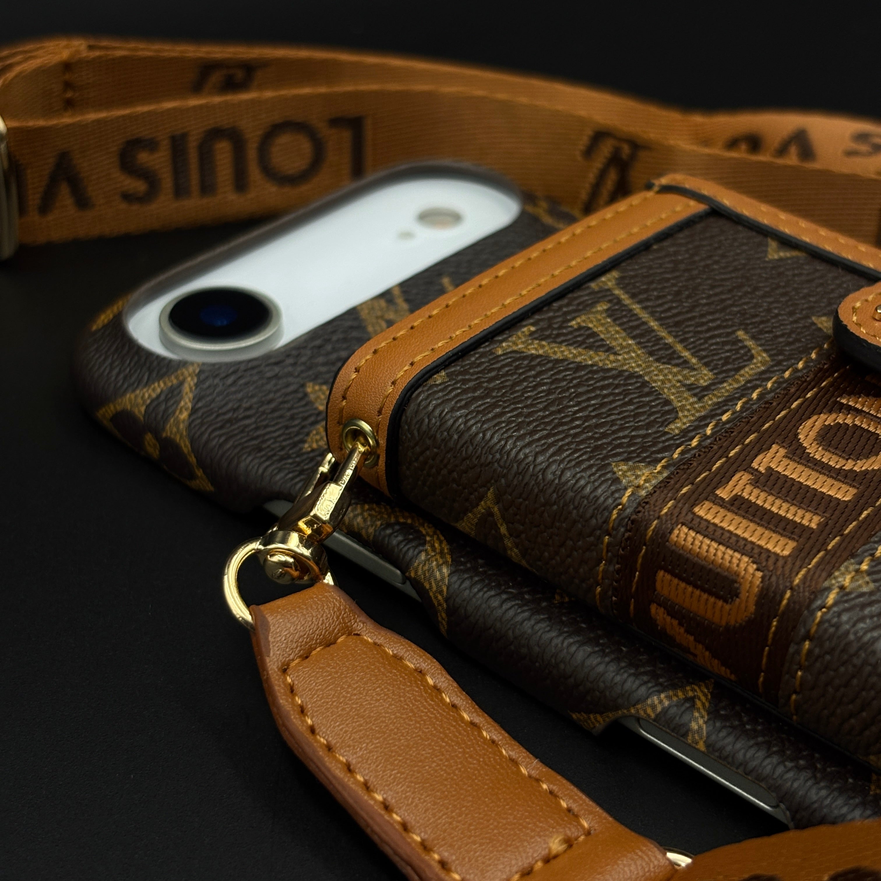 Luxury Monogram Cardholder Wallet Case with Crossbody Sling and Camera Protection for iPhone 17 Air | Designer Brown Edition