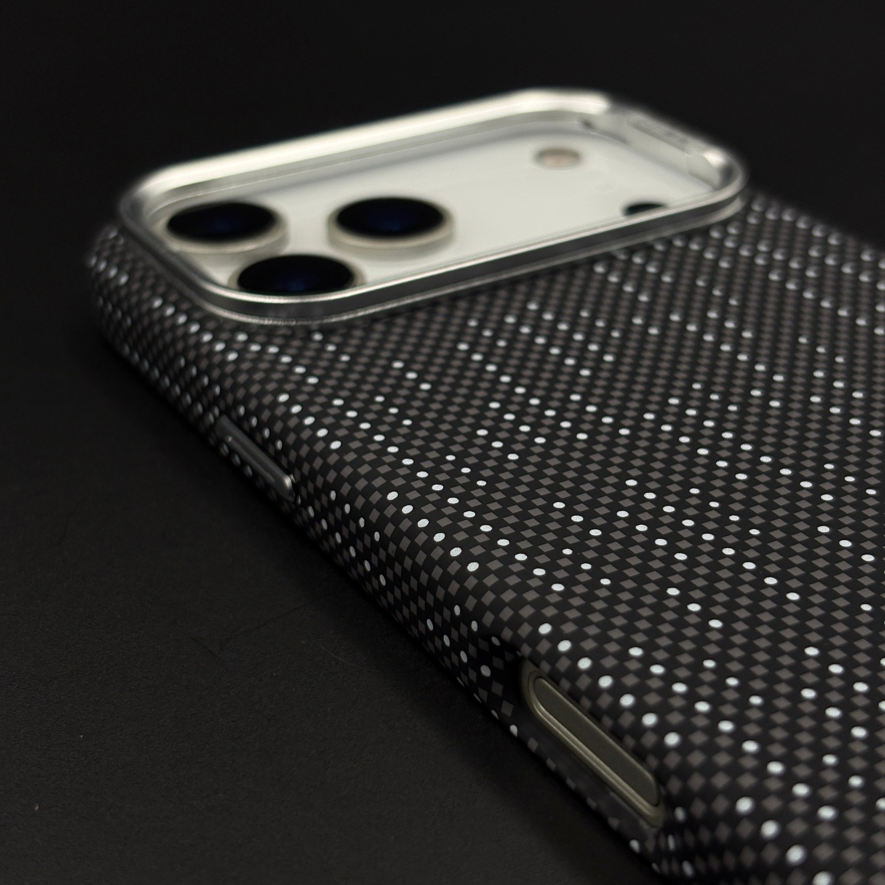 Speckled Night Grid Carbon Fibre Hidden MagSafe Case with Camera Kickstand for iPhone 17 Series