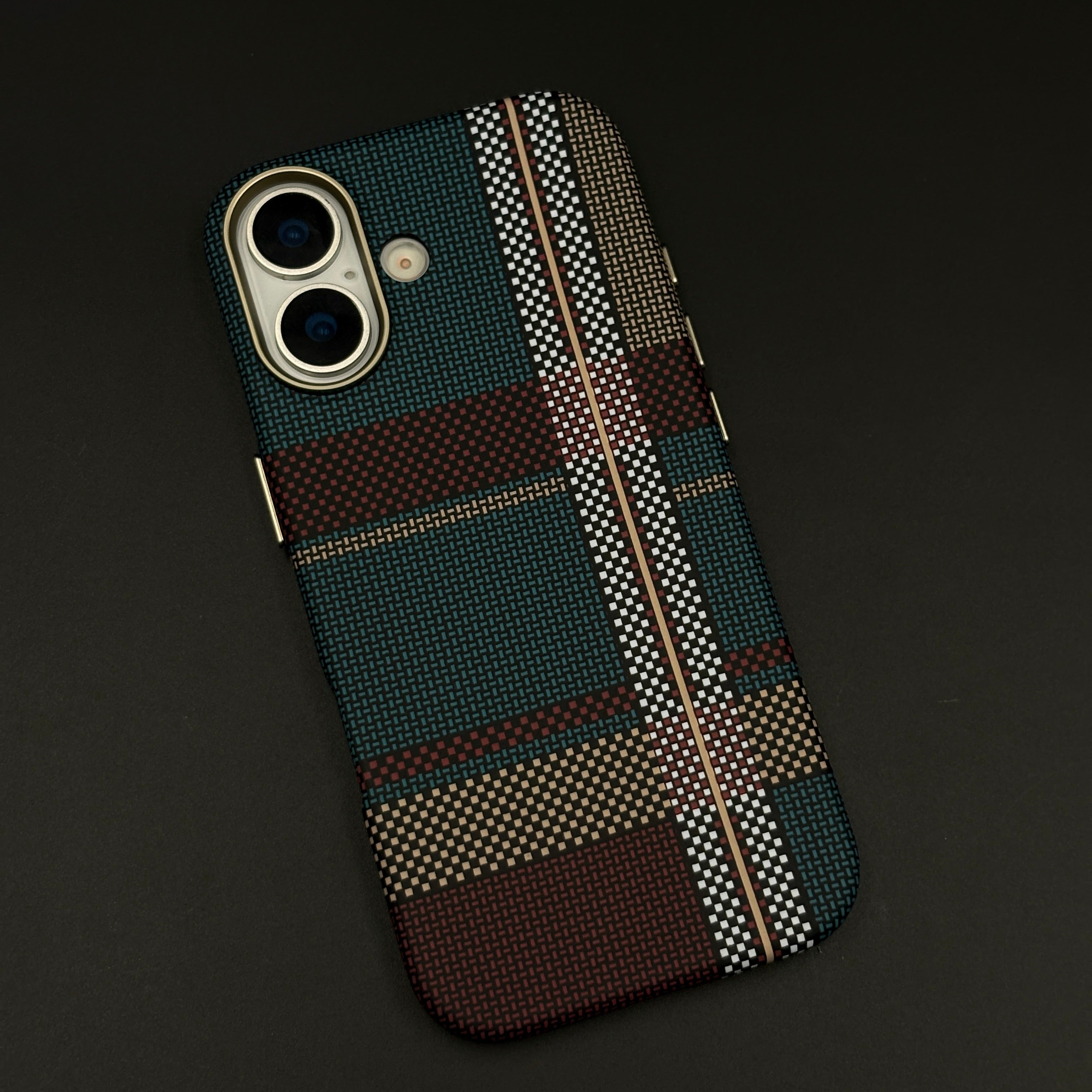 Teal Burgundy Plaid Slim Mobile Case Cover for iPhone 17 | Rare Aramid Texture Finish | Real Carbon Fibre Feel | Hidden MagSafe