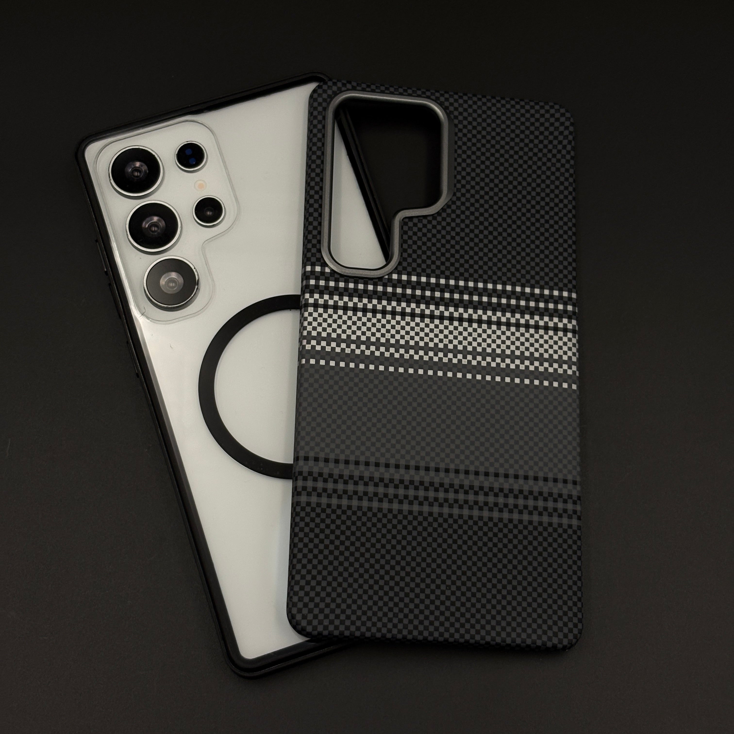 2-in-1 Detachable Magnetic Navy Grey Plaid Case for Samsung Galaxy S25 Ultra | Transparent Shell & Design Plate