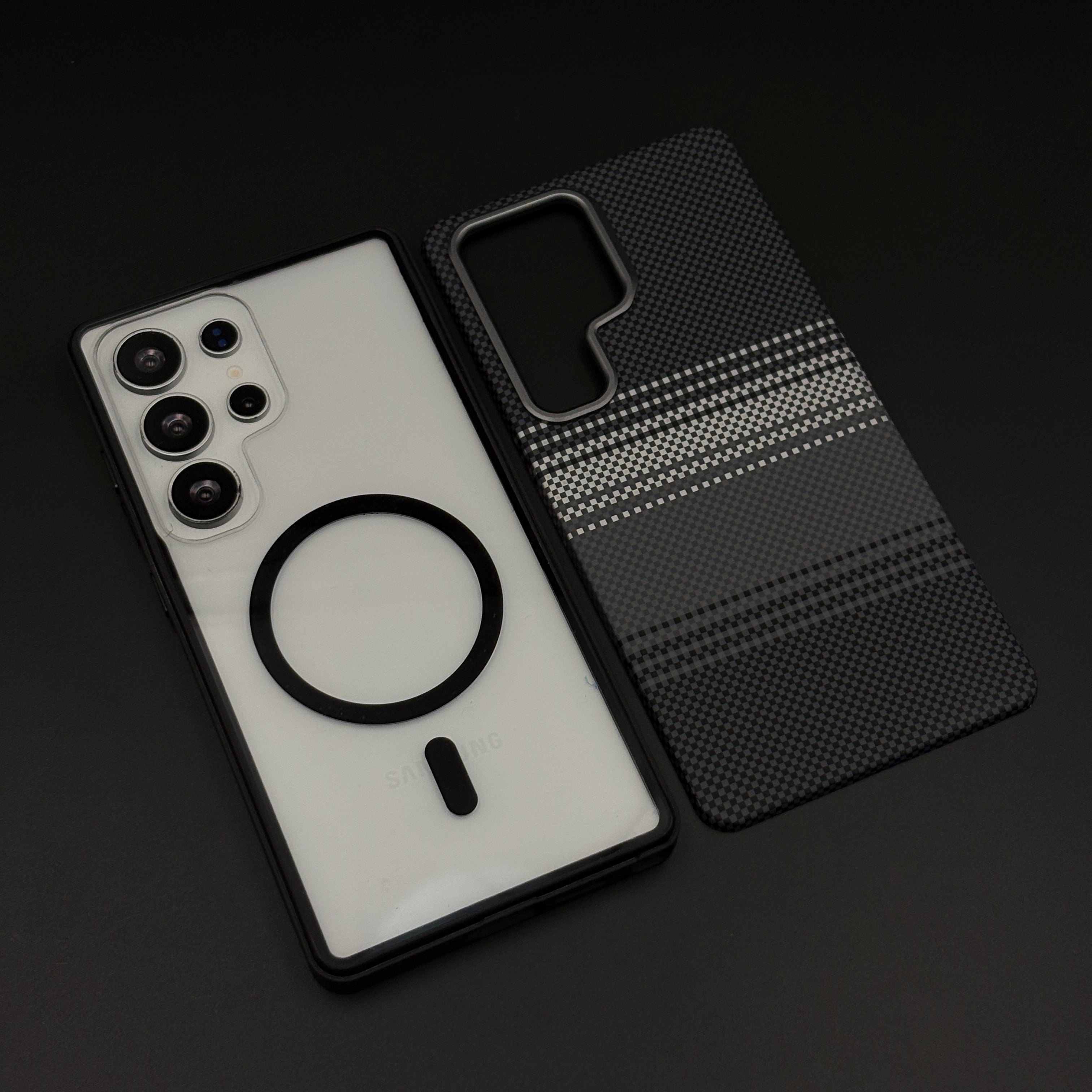 2-in-1 Detachable Magnetic Navy Grey Plaid Case for Samsung Galaxy S25 Ultra | Transparent Shell & Design Plate