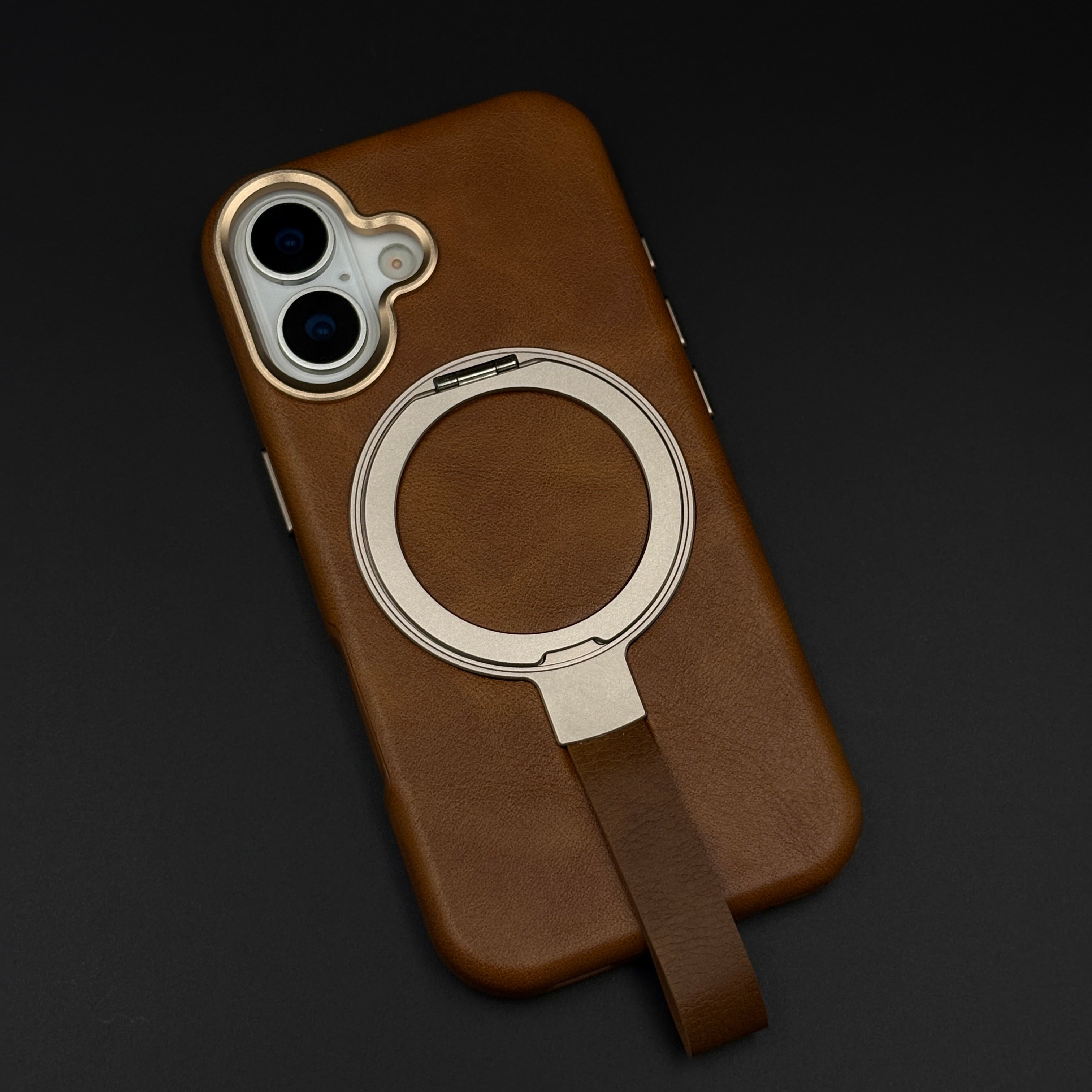 Leather MagSafe Ring Stand Case with Strap for iPhone 17 | Slim Grip Holder Cover