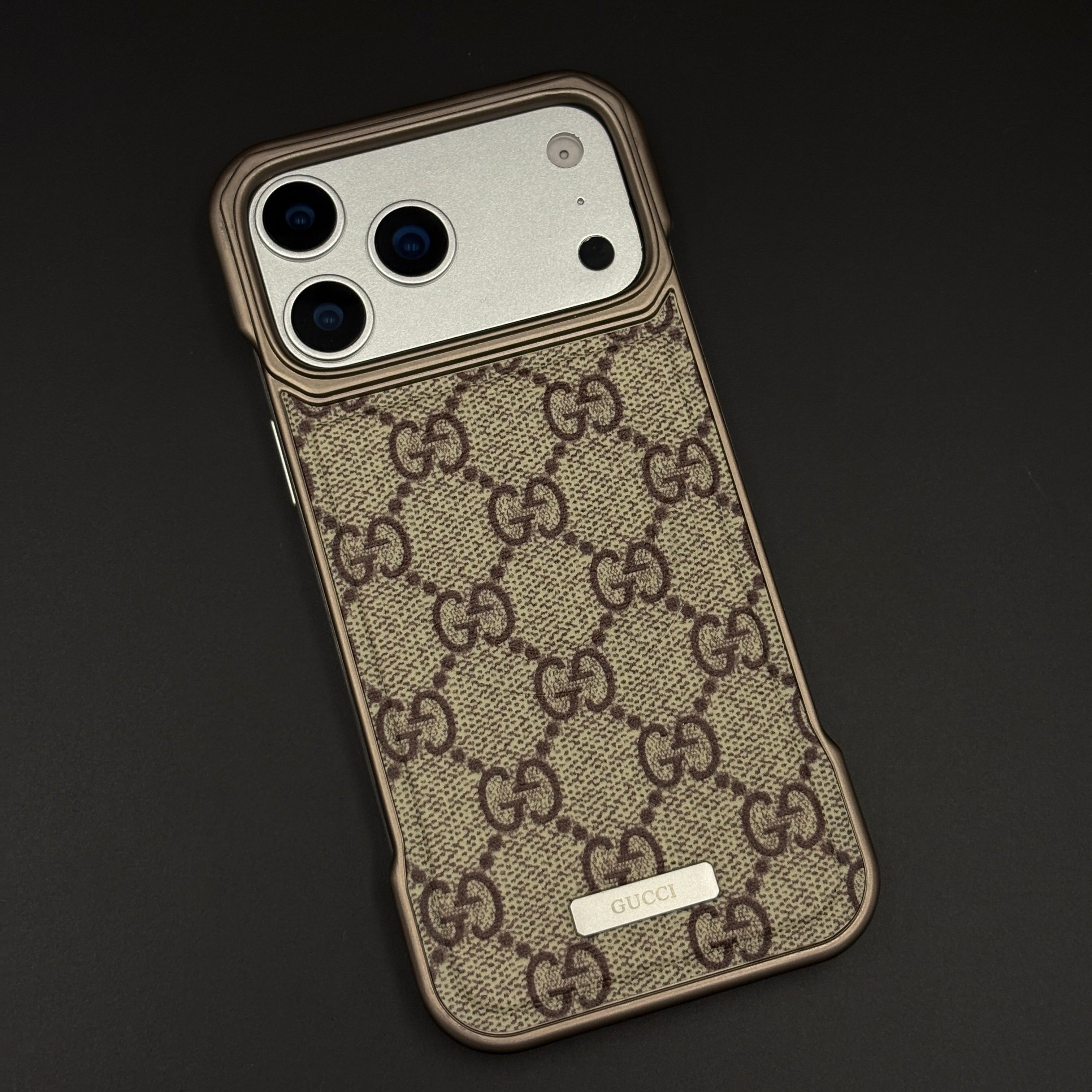 Luxury Branded GG Pattern Fabric Mobile Case for iPhone 17 Series | Premium Brown Texture Fabric