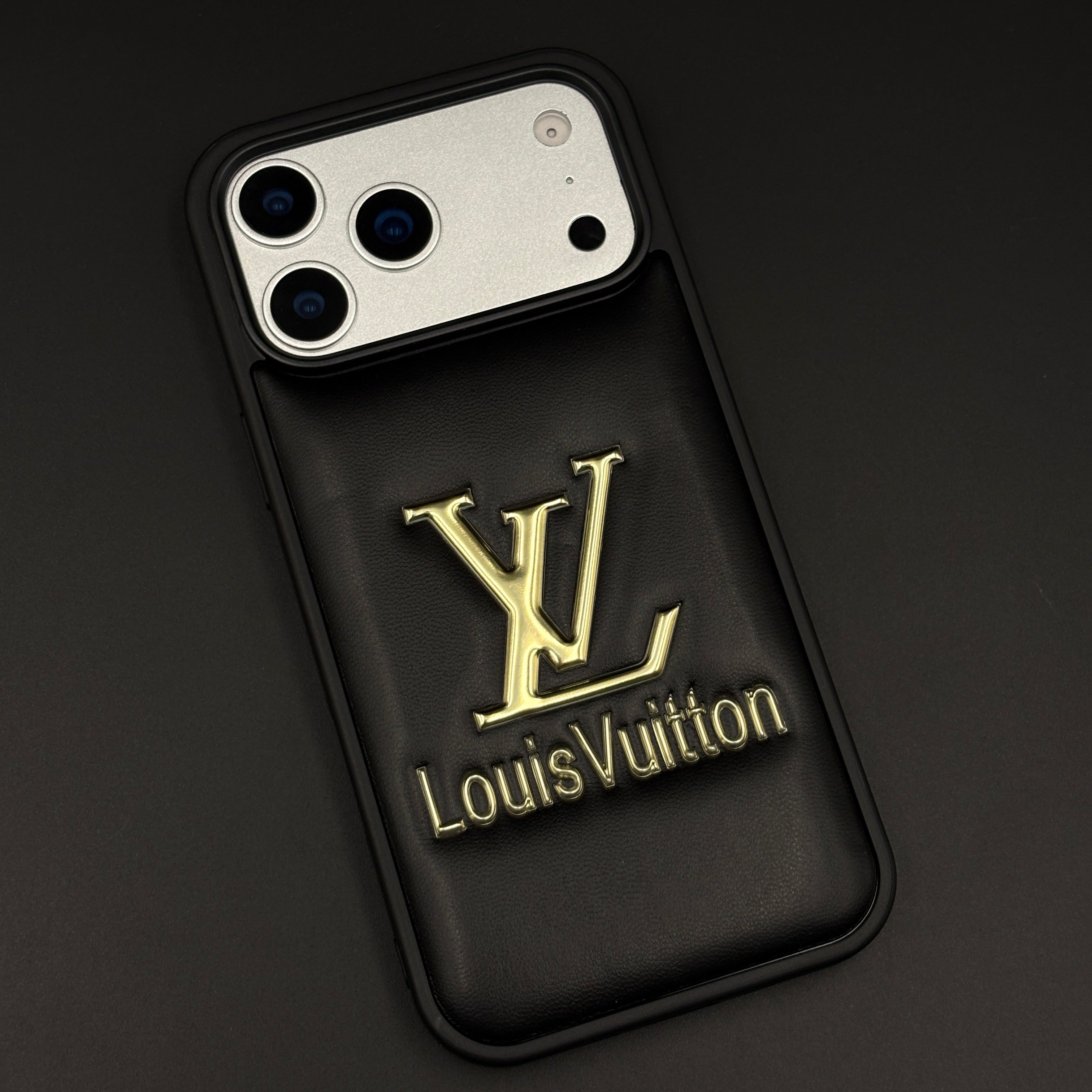 Luxury Embossed Branded Metal Logo Mobile Case for iPhone 17 Series | Premium Black Soft-Touch Cushion
