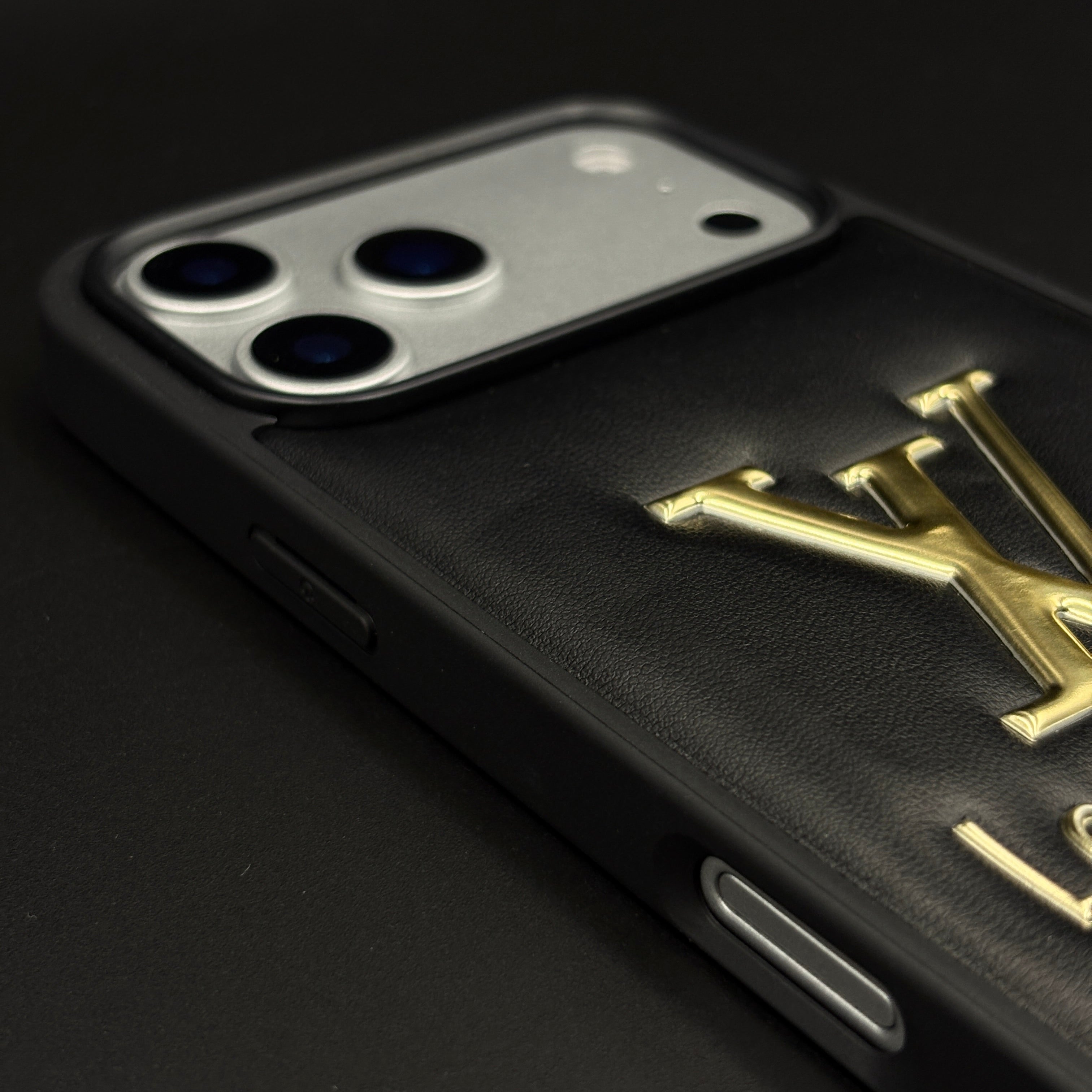 Luxury Embossed Branded Metal Logo Mobile Case for iPhone 17 Series | Premium Black Soft-Touch Cushion