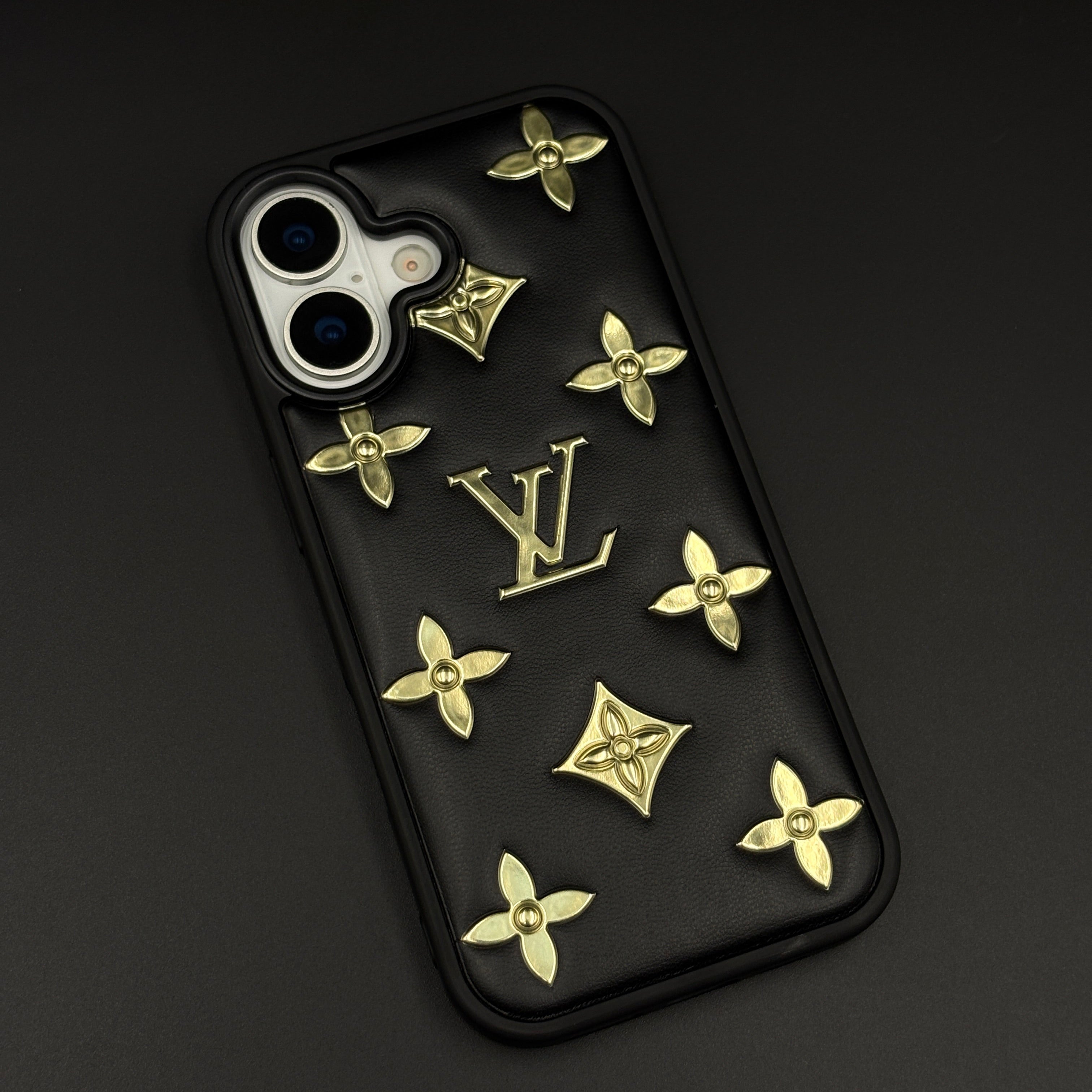 Luxury Embossed Gold Icon Mobile Case for iPhone 17 | Premium Black Soft-Touch Cushion Cover