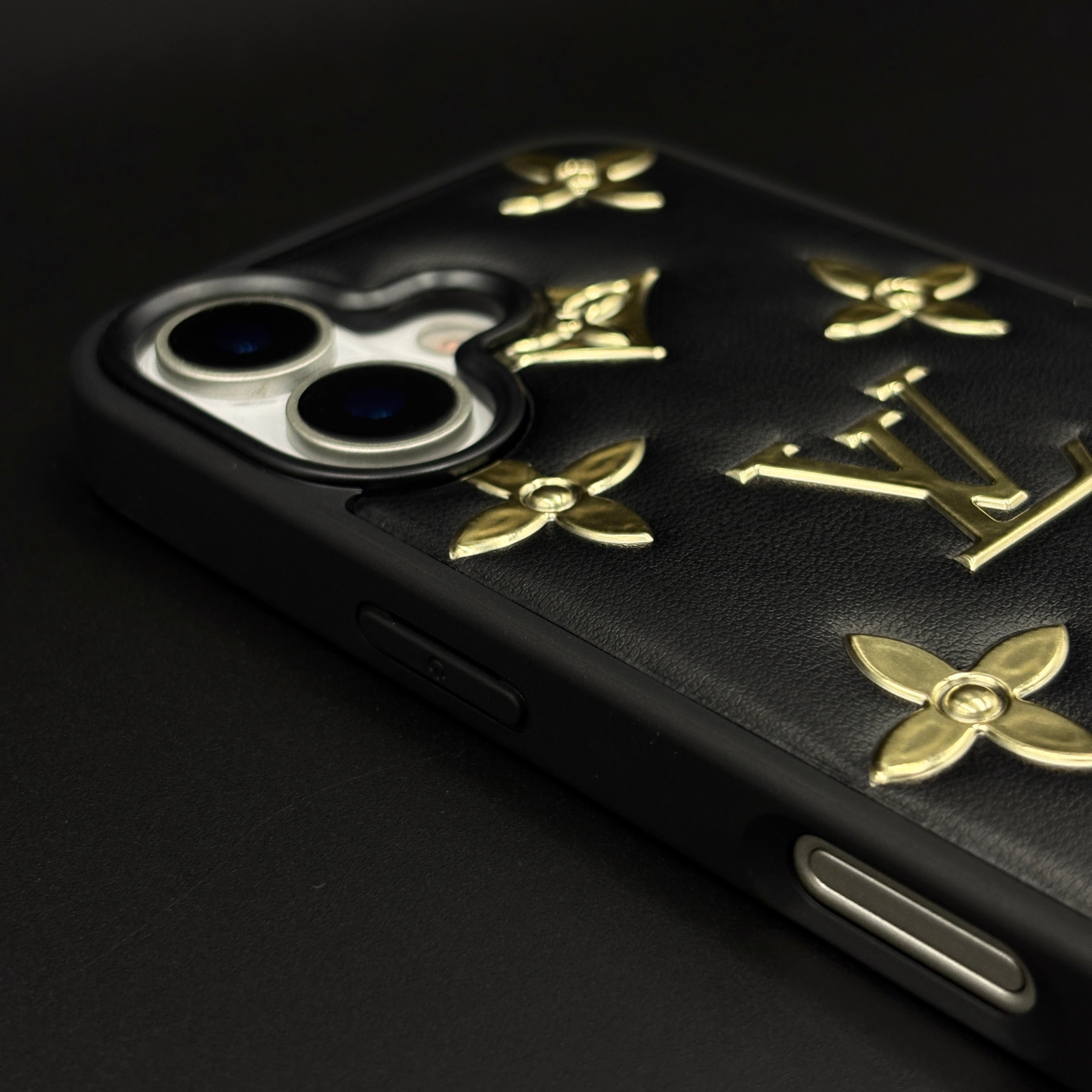 Luxury Embossed Gold Icon Mobile Case for iPhone 17 | Premium Black Soft-Touch Cushion Cover