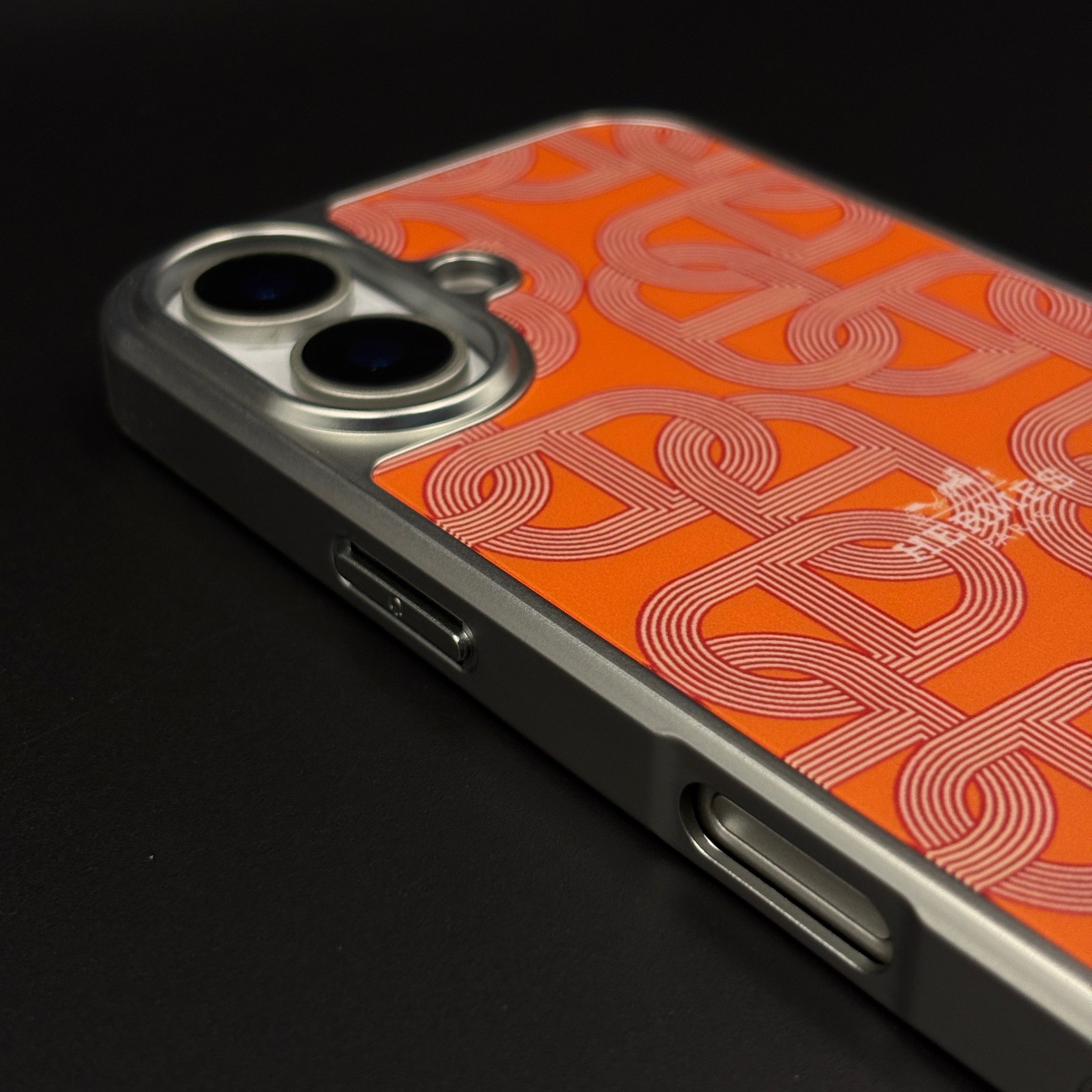 Luxury Branded Metal Initial Mobile Case Cover for iPhone 17 | Orange Designer-Inspired Matte Finish