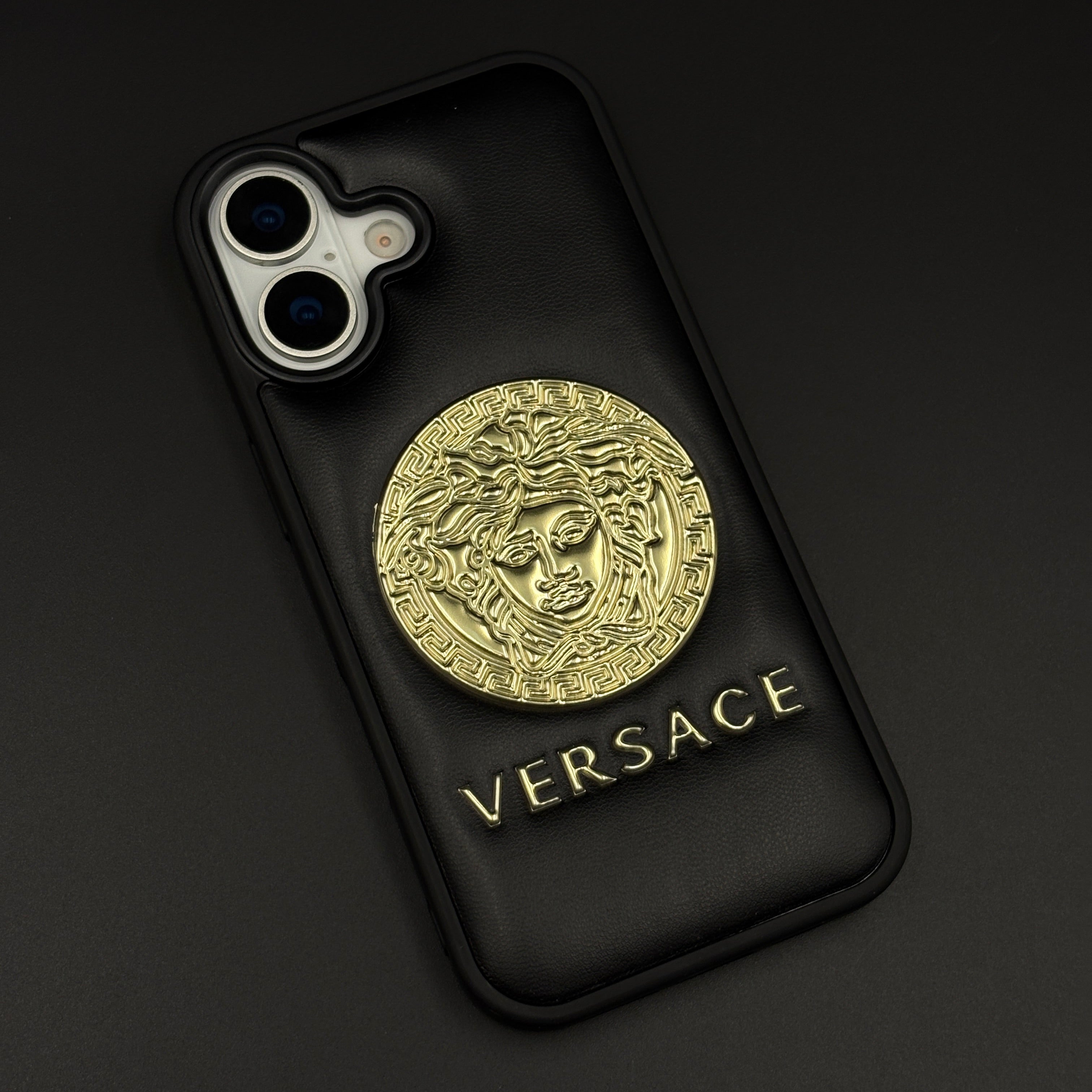 Branded VS Signature Gold Motif Mobile Case for iPhone 17 | Premium Black Cushion with Embossed Logo