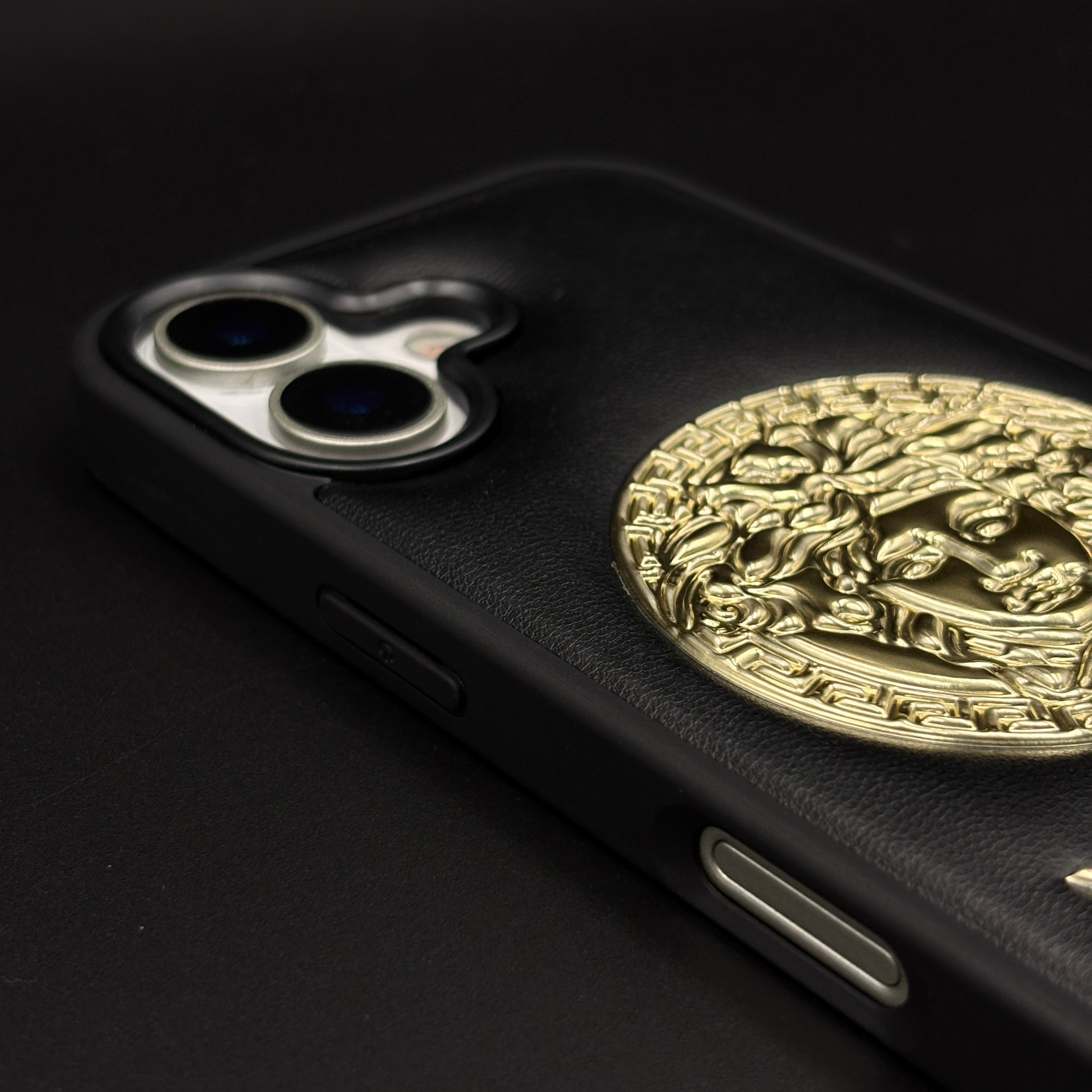Branded VS Signature Gold Motif Mobile Case for iPhone 17 | Premium Black Cushion with Embossed Logo