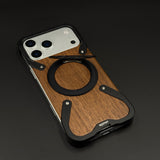 Wood Grain Metal Ring Stand Mobile Case Cover for iPhone 17 Series | Magnetic Kickstand Protection