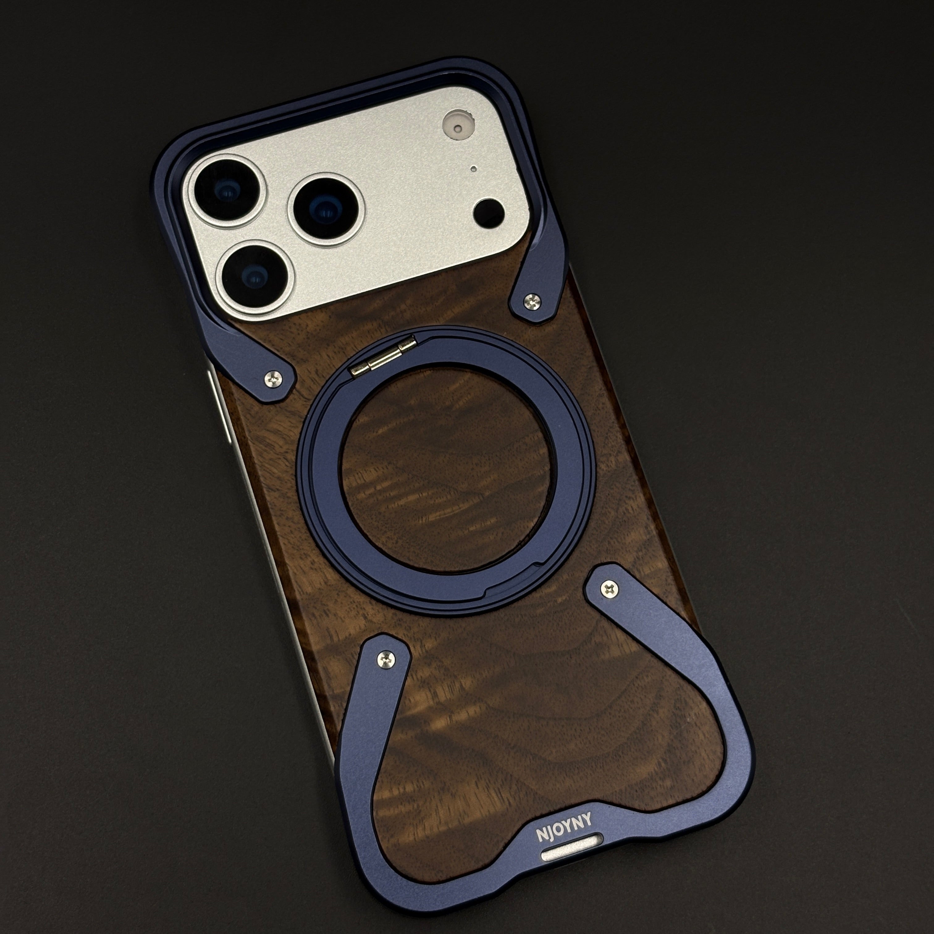 Wood Grain Metal Ring Stand Mobile Case Cover for iPhone 17 Series | Magnetic Kickstand Protection