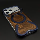 Wood Grain Metal Ring Stand Mobile Case Cover for iPhone 17 Series | Magnetic Kickstand Protection