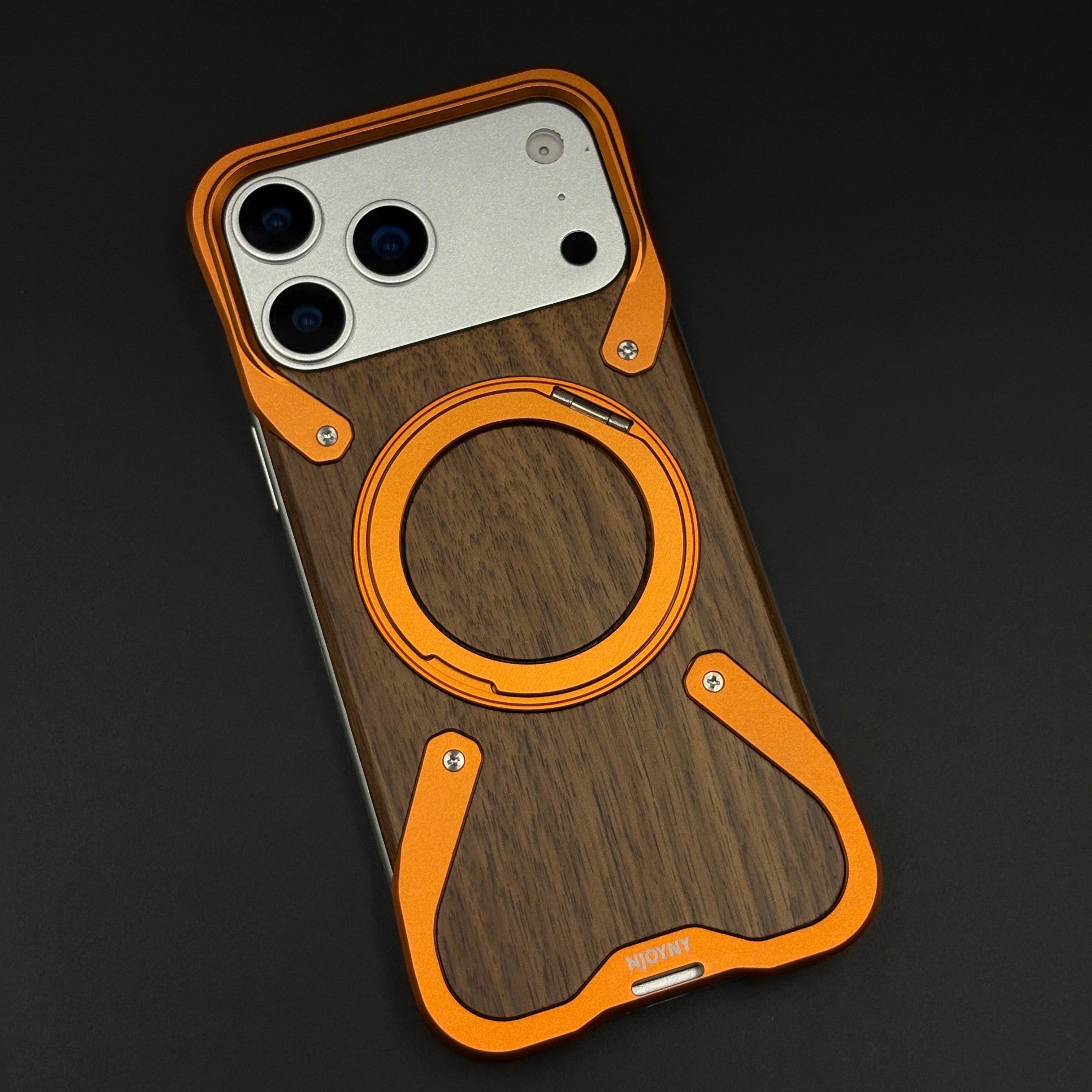 Wood Grain Metal Ring Stand Mobile Case Cover for iPhone 17 Series | Magnetic Kickstand Protection