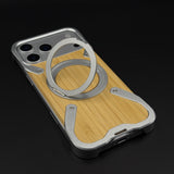 Wood Grain Metal Ring Stand Mobile Case Cover for iPhone 17 Series | Magnetic Kickstand Protection