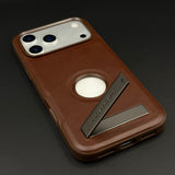 Premium Leather Logo Cut Mobile Case Cover with Metal Kickstand for iPhone 17 Series | Classic Stand Edition