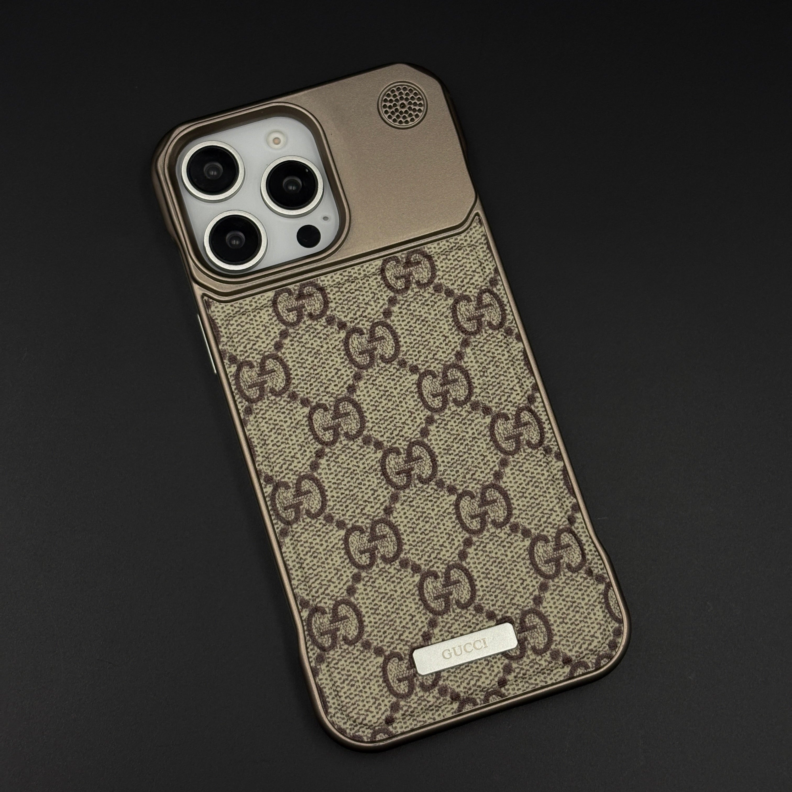 Luxury Branded GG Pattern Fabric Mobile Case for iPhone 16 Pro | Premium Brown Texture Fabric