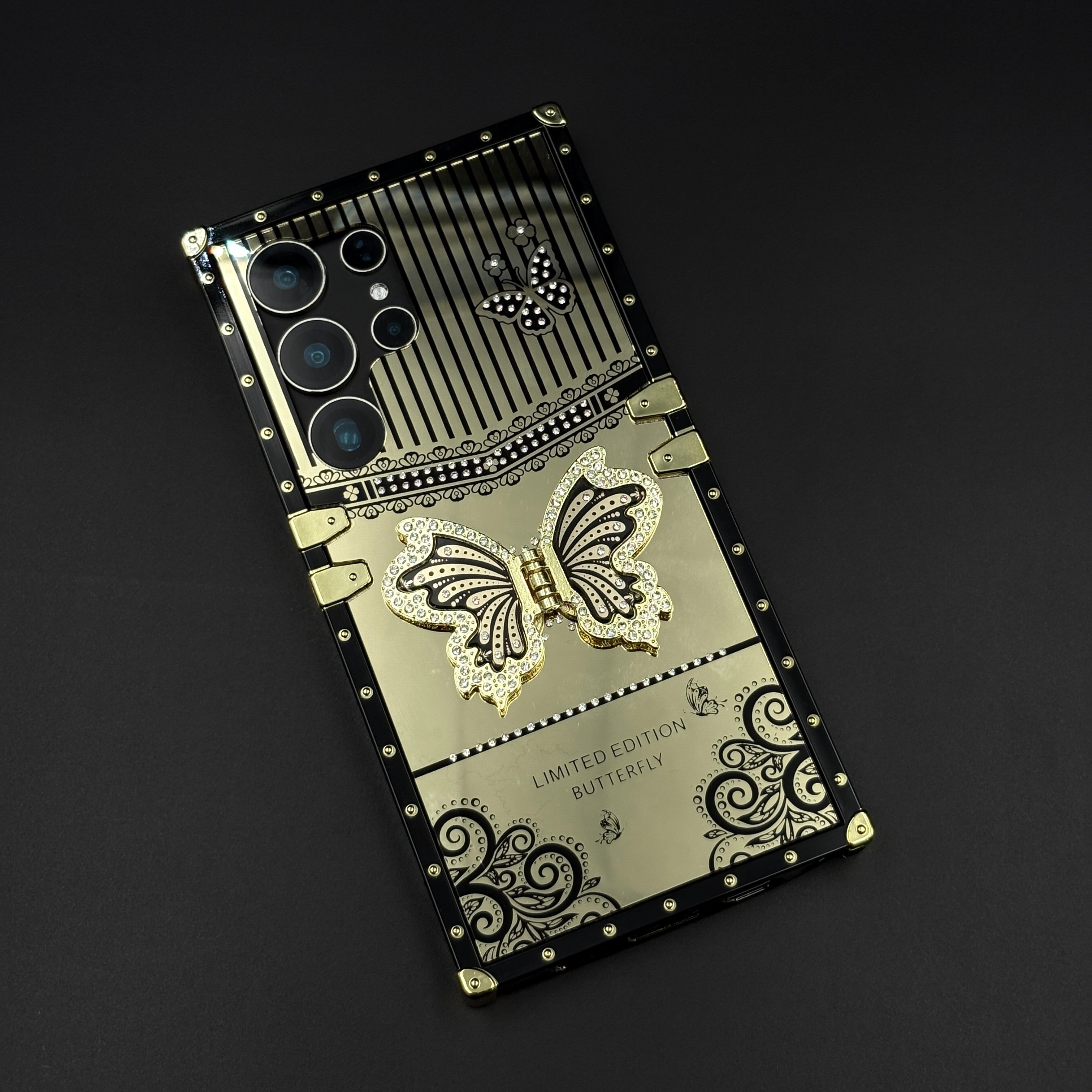 Luxury Butterfly Trunk Case for Samsung Galaxy S25 Ultra | Gold Mirror Finish | Diamond Butterfly
