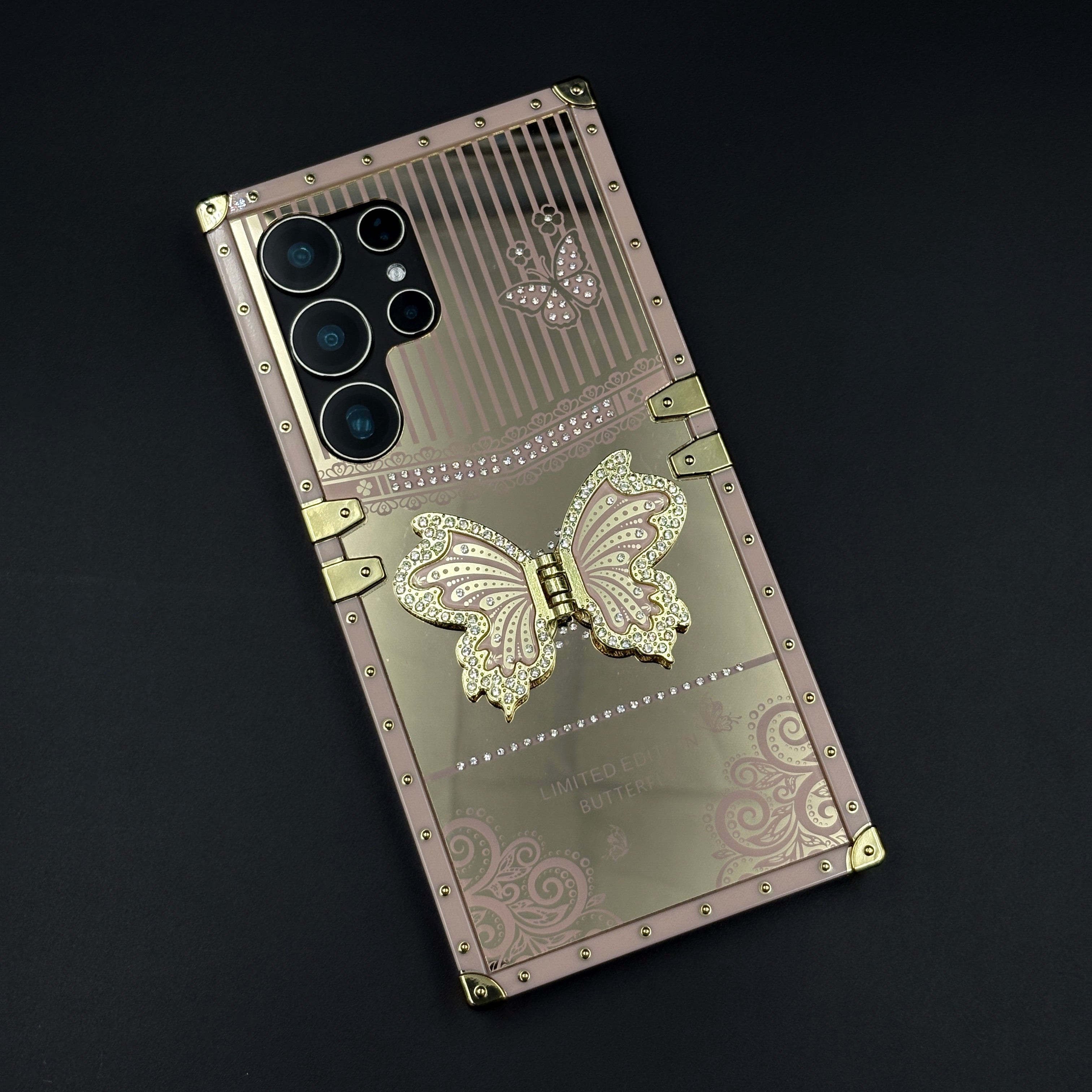 Luxury Butterfly Trunk Case for Samsung Galaxy S25 Ultra | Gold Mirror Finish | Diamond Butterfly