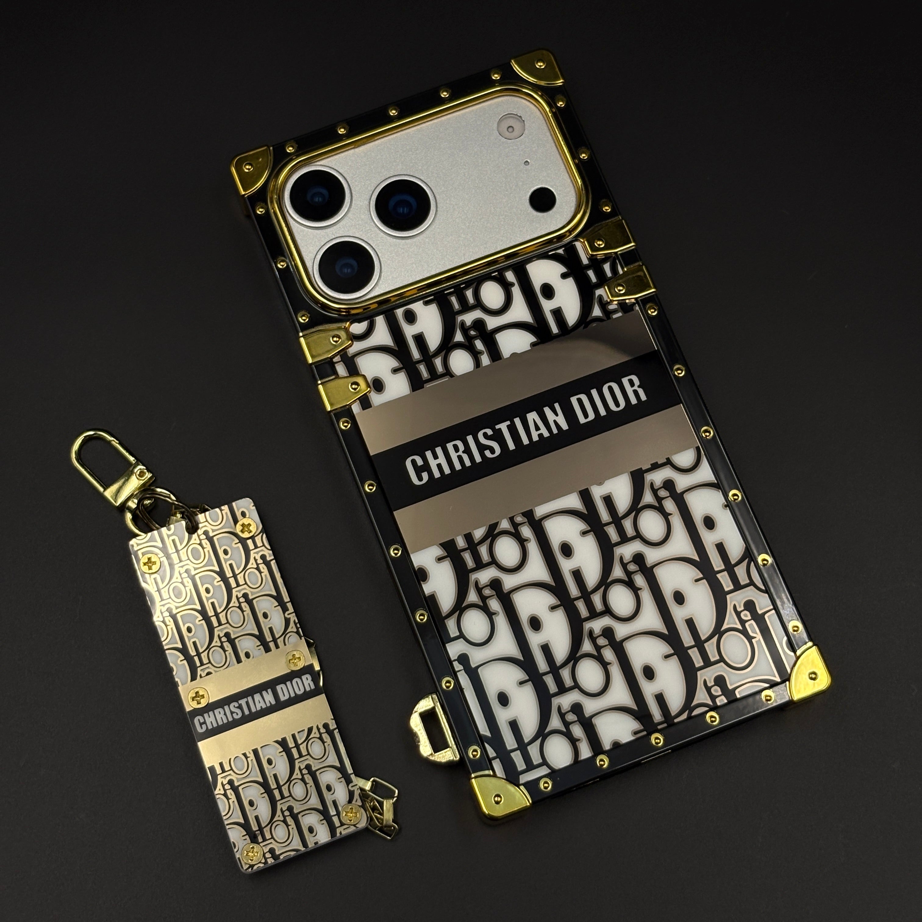 Luxury CD Trunk Phone Case Cover with Chain for iPhone 17 Series | Designer Metal Frame | Gold Monogram