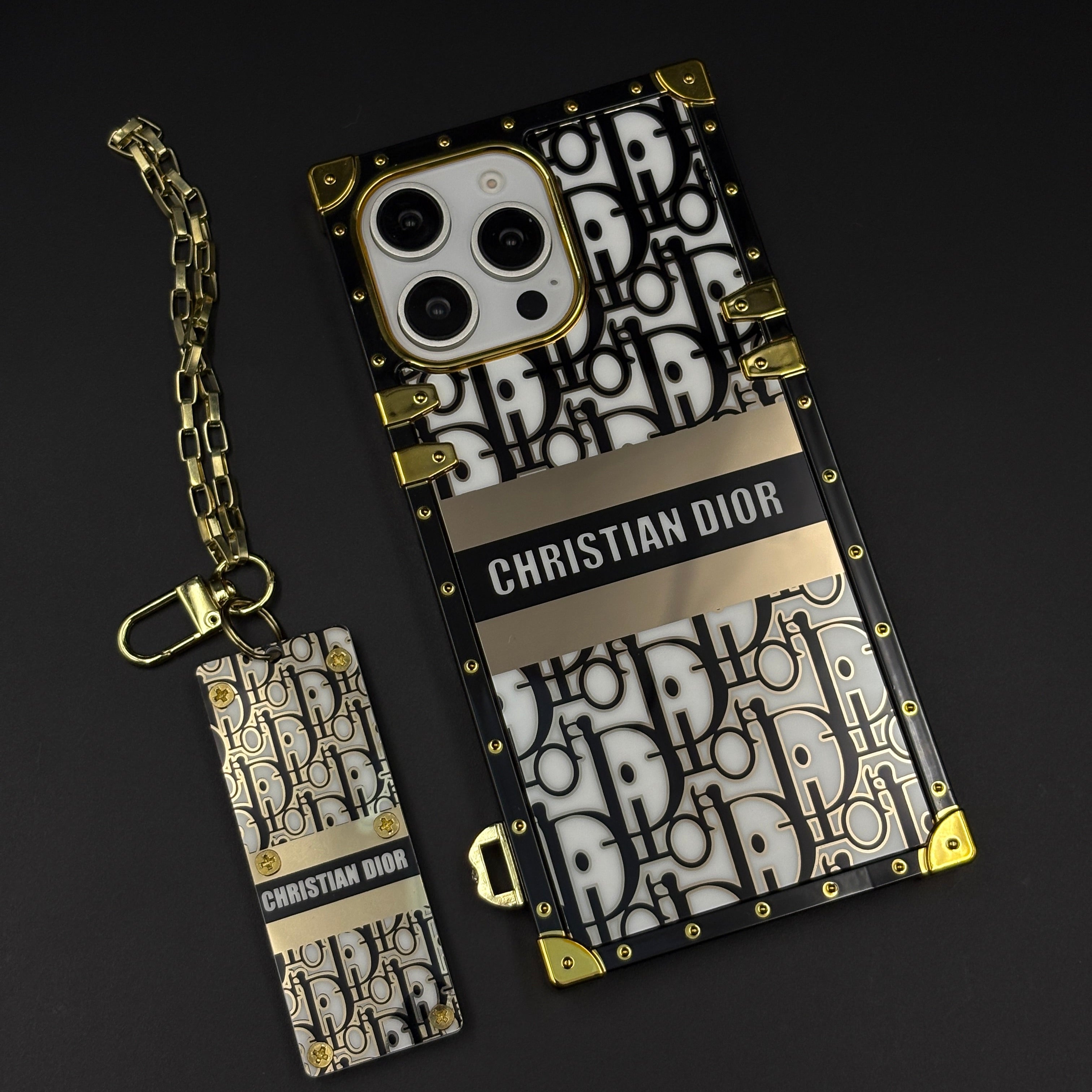 Luxury CD Trunk Phone Case Cover with Chain for iPhone | Designer Metal Frame | Gold Monogram