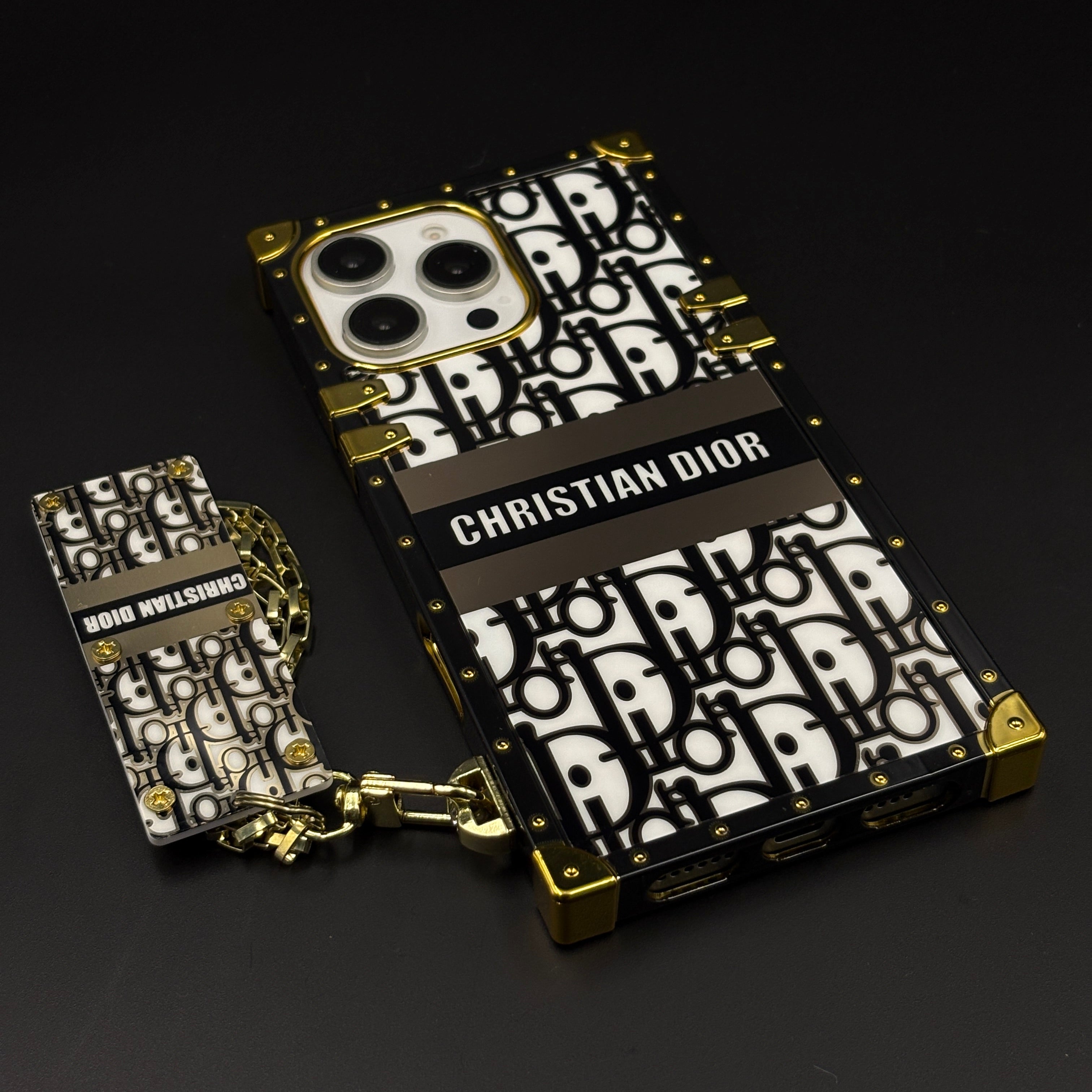 Luxury CD Trunk Phone Case Cover with Chain for iPhone | Designer Metal Frame | Gold Monogram