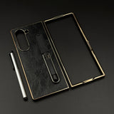 Leather Case with Pen & Holder for Samsung Galaxy Z Fold 6 | Kickstand | Gold Chrome Finish