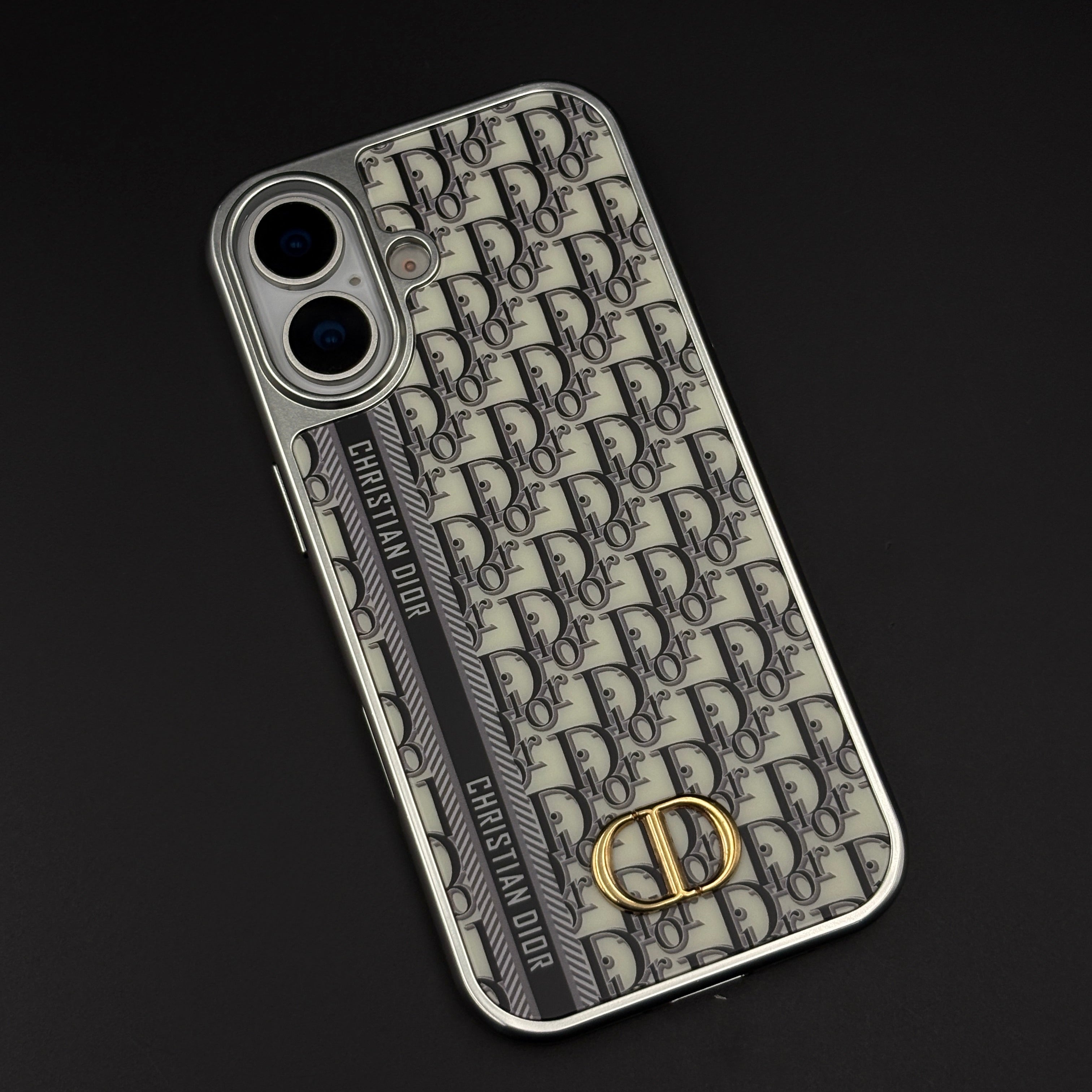 CD Brand Pattern Metal Style Frame Case for iPhone 17 | Premium Designer Back Cover