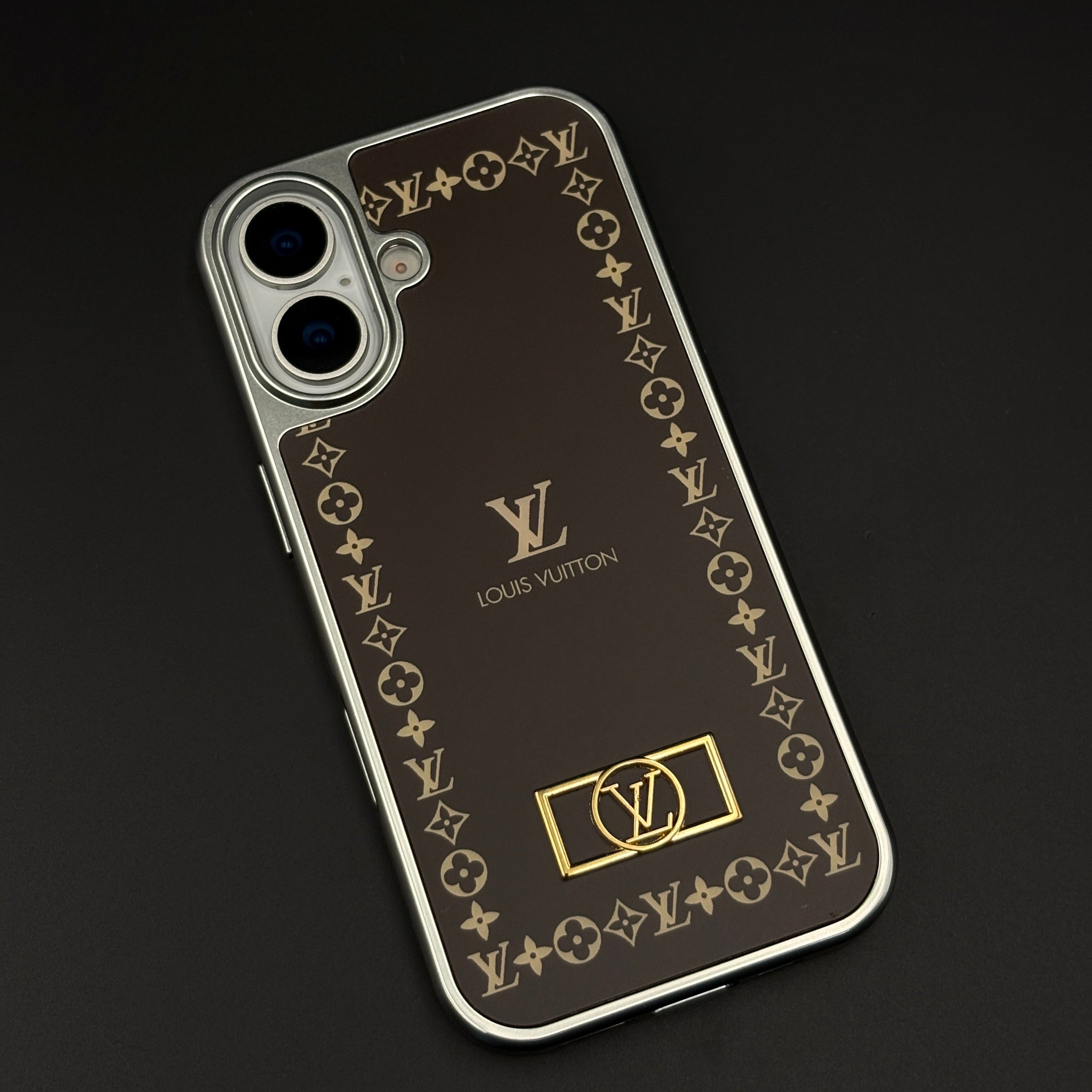 Luxury Monogram Border Metal Style Frame Brown Case for iPhone 17 | Premium Back Cover