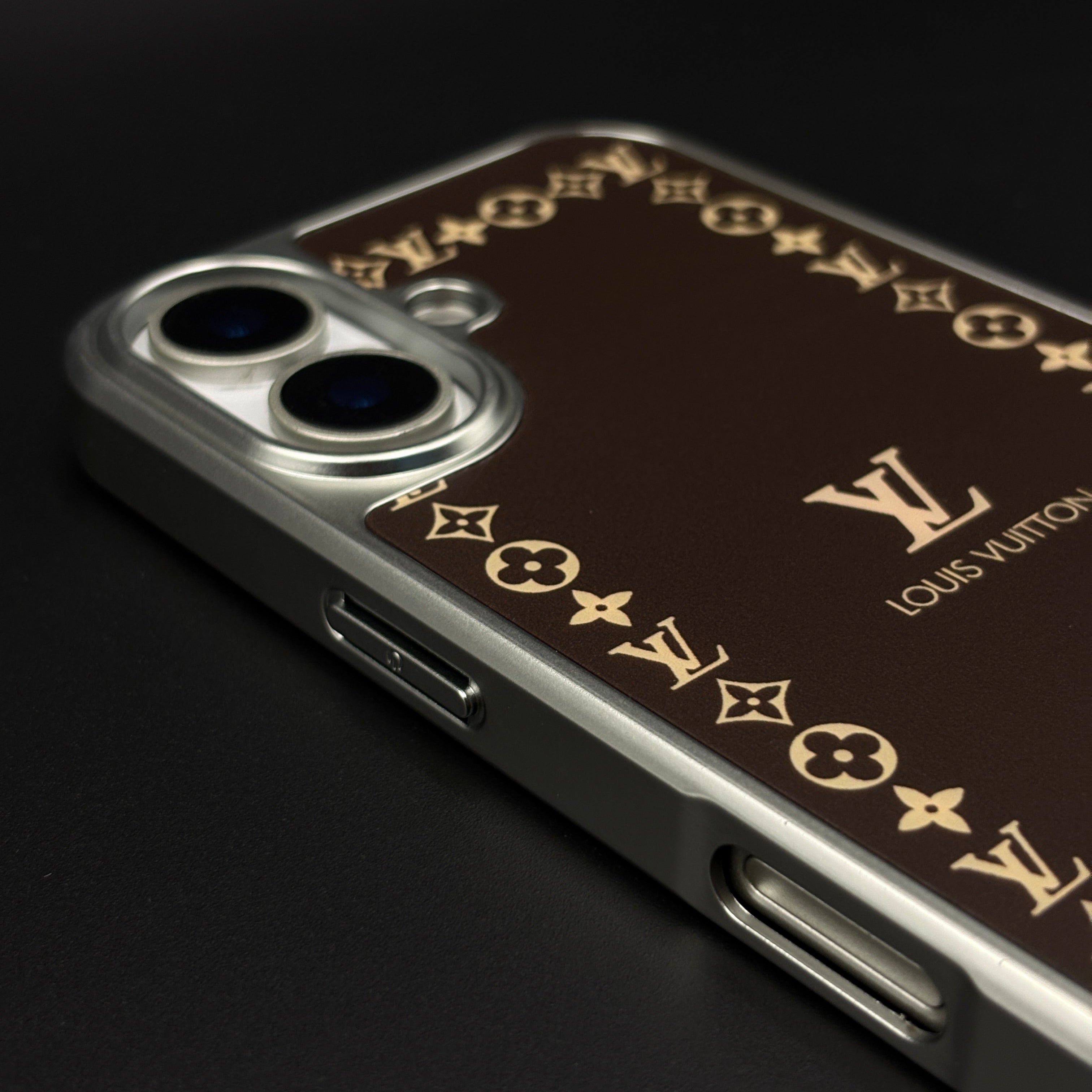 Luxury Monogram Border Metal Style Frame Brown Case for iPhone 17 | Premium Back Cover