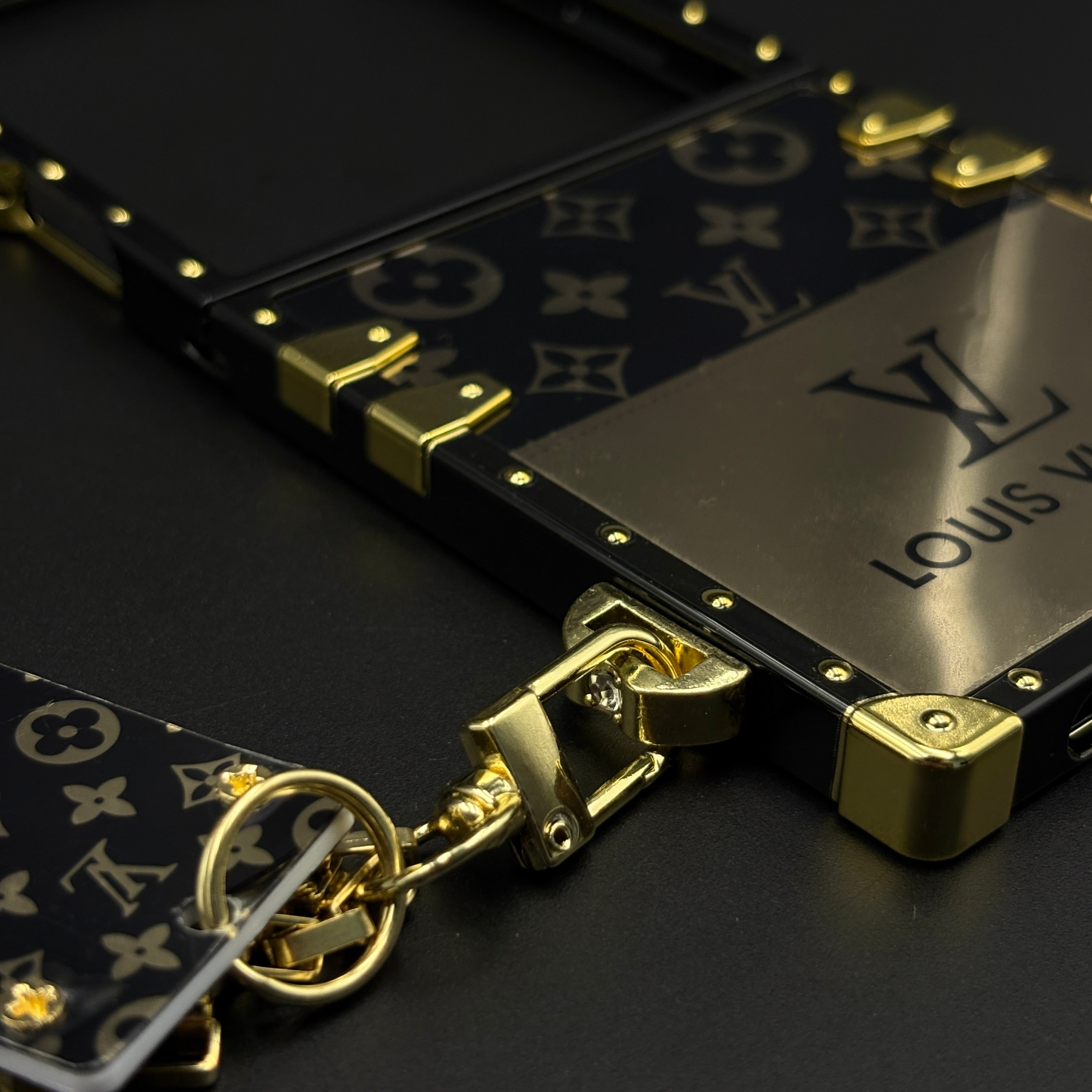 Luxury Trunk Case with Chain for Samsung Galaxy Z Flip 7 Designer Metal Frame | Gold Monogram