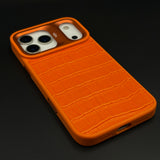 Crocodile Embossed Leather Mobile Case Cover with AI Button for iPhone 17 Series | Orange Metal Frame Protection