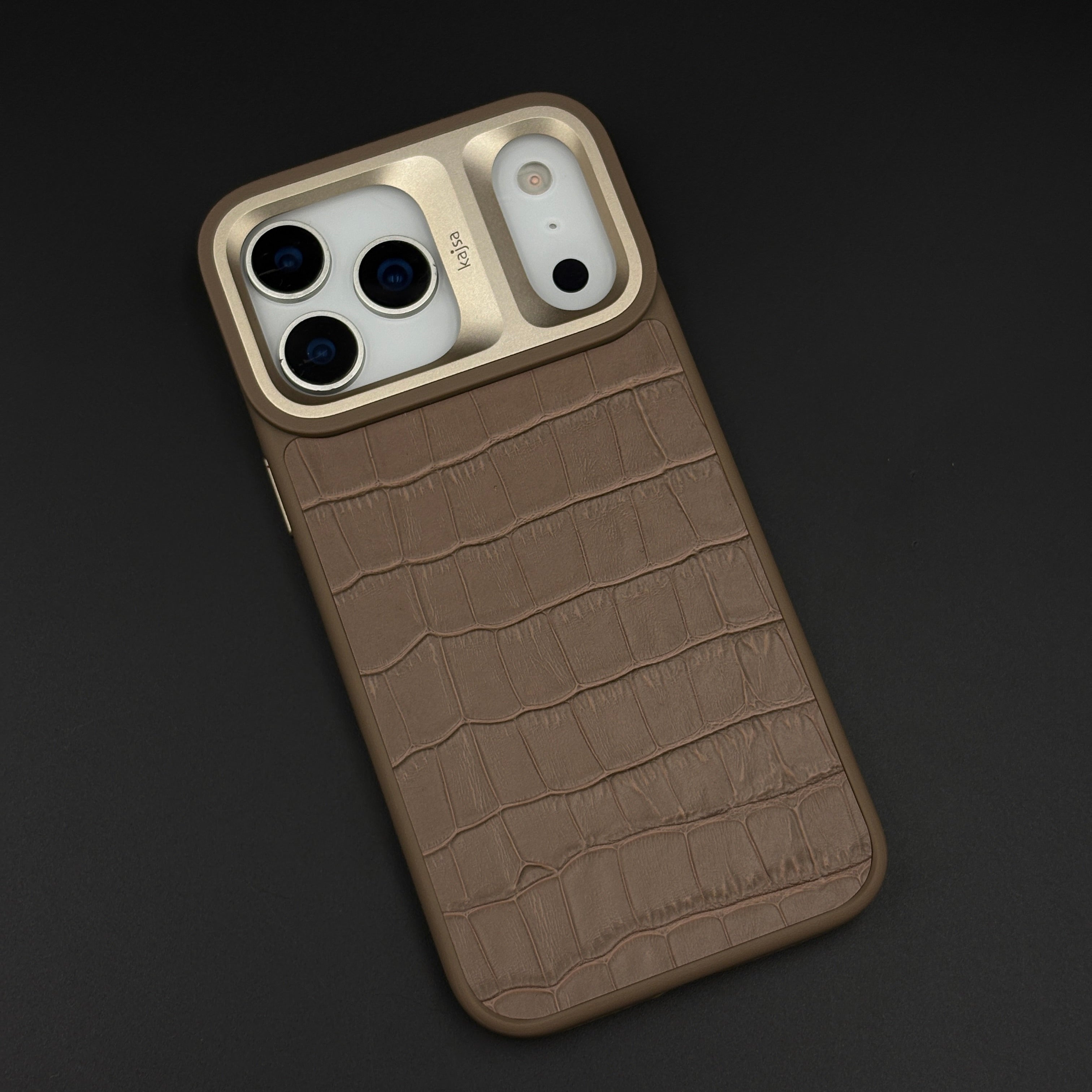 Crocodile Embossed Leather Mobile Case Cover with AI Button for iPhone 17 Series | Orange Metal Frame Protection