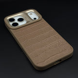 Crocodile Embossed Leather Mobile Case Cover with AI Button for iPhone 17 Series | Orange Metal Frame Protection
