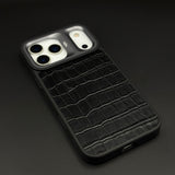 Crocodile Embossed Leather Mobile Case Cover with AI Button for iPhone 17 Series | Orange Metal Frame Protection