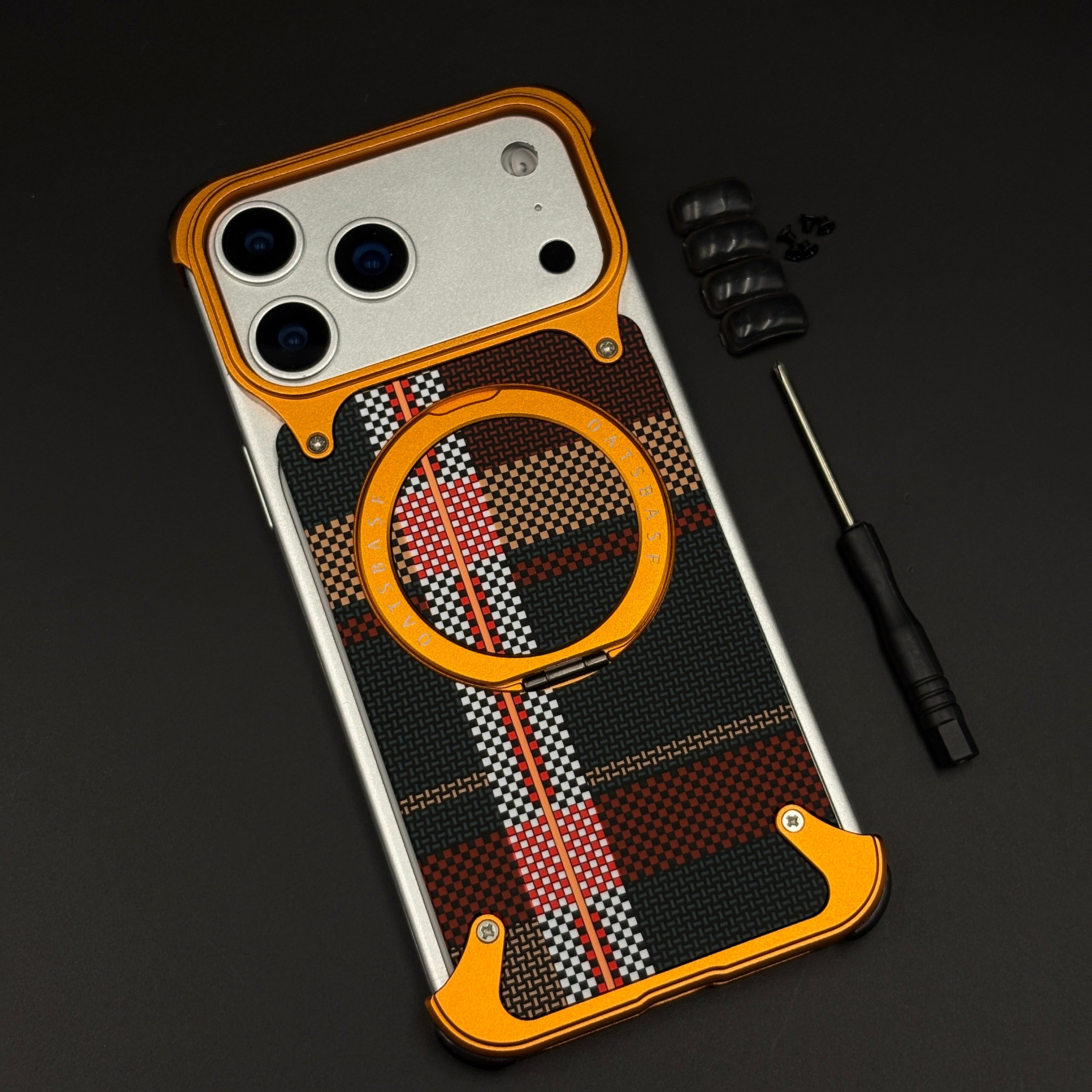 Orange Plaid Frameless Carbon Fiber MagSafe Case for iPhone 17 Series | Rotating Kickstand Bumper with Corners