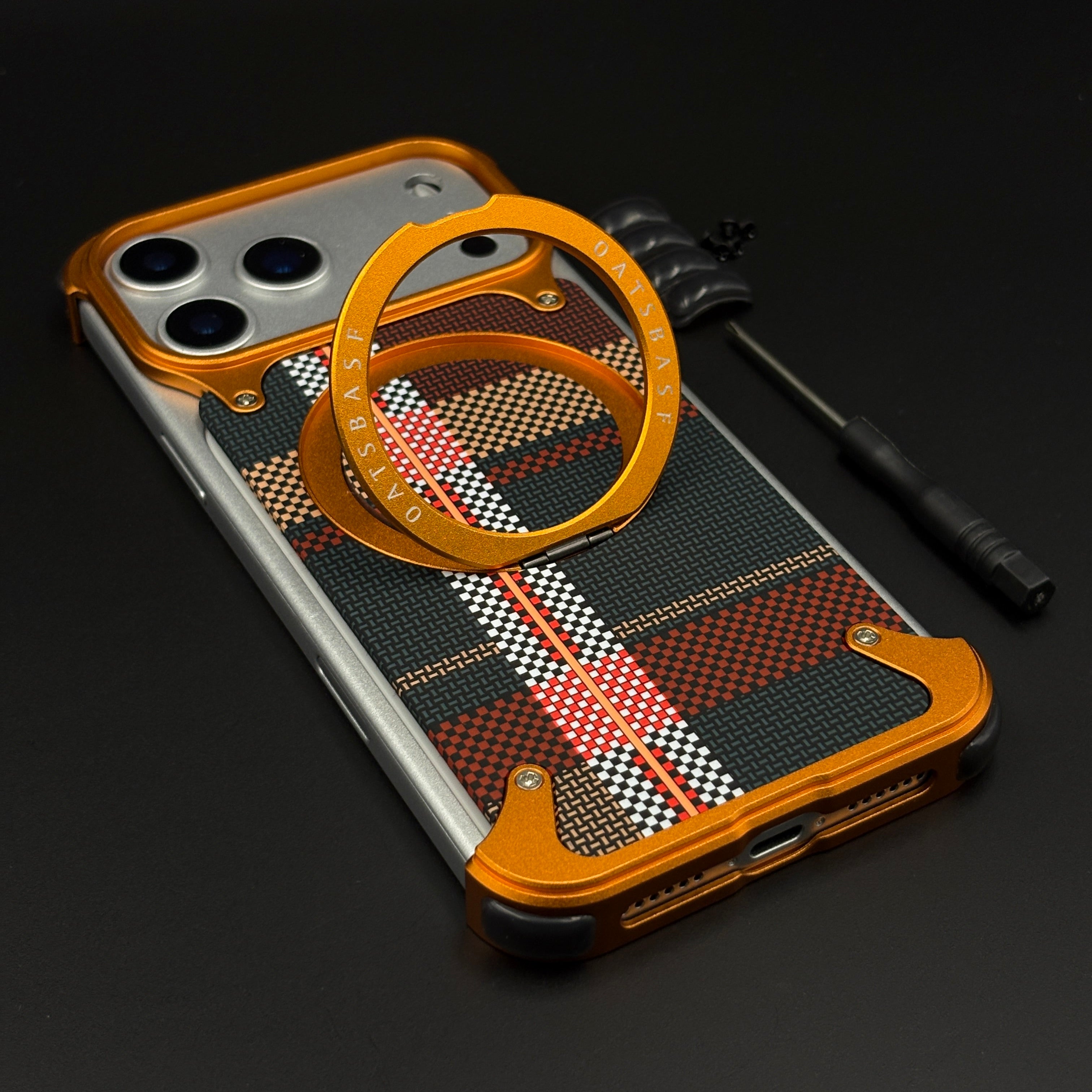 Orange Plaid Frameless Carbon Fiber MagSafe Case for iPhone 17 Series | Rotating Kickstand Bumper with Corners